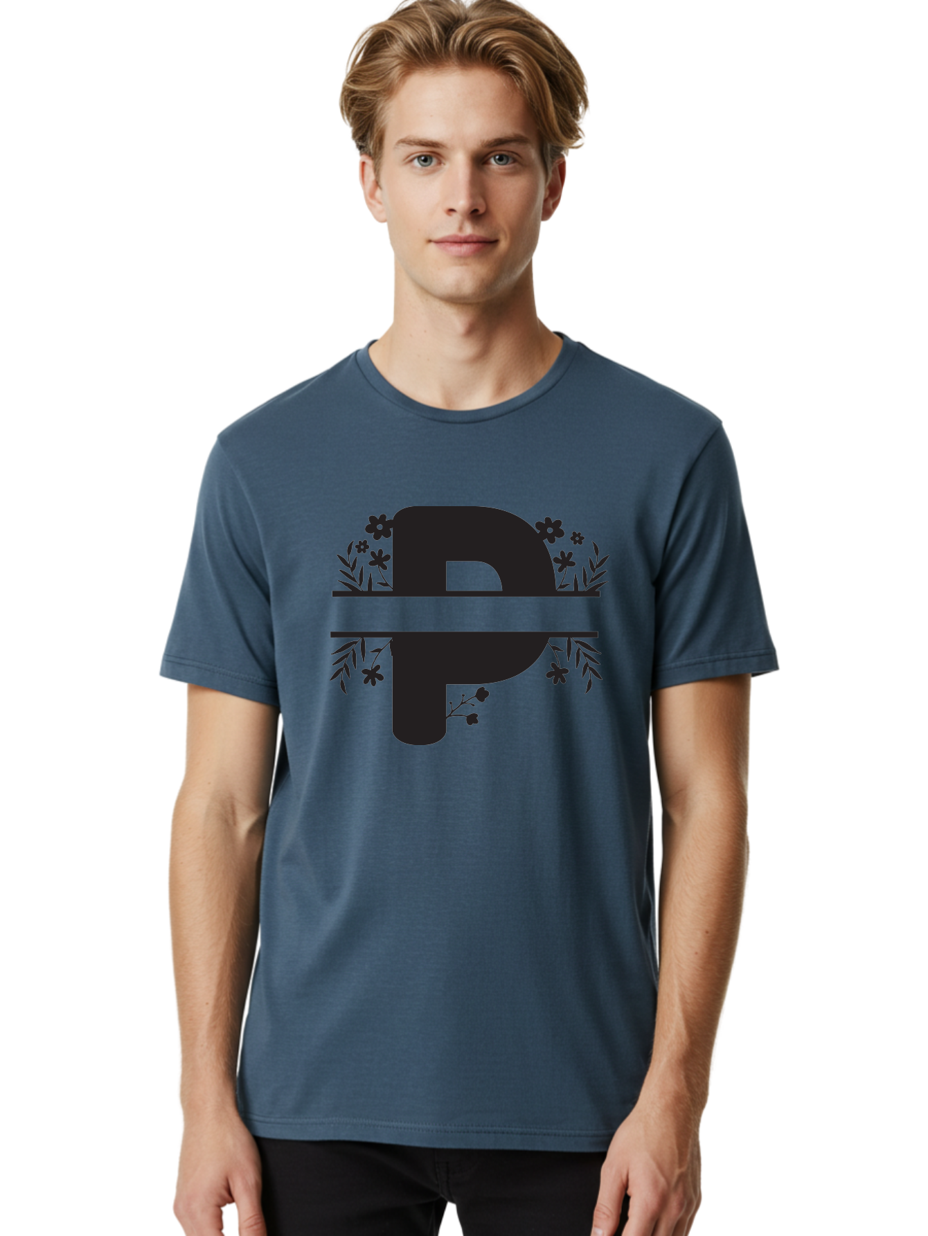 P-1 Men'S Graphic Tee, 100% Cotton, Comfortable Casual Summer Wear, Machine Washable, Large Black Letter P, Floral Designs, Flowers And Leaves, Black Silhouettes, Bold Typography, Decorative Elements, Symbolic Representation Aad081