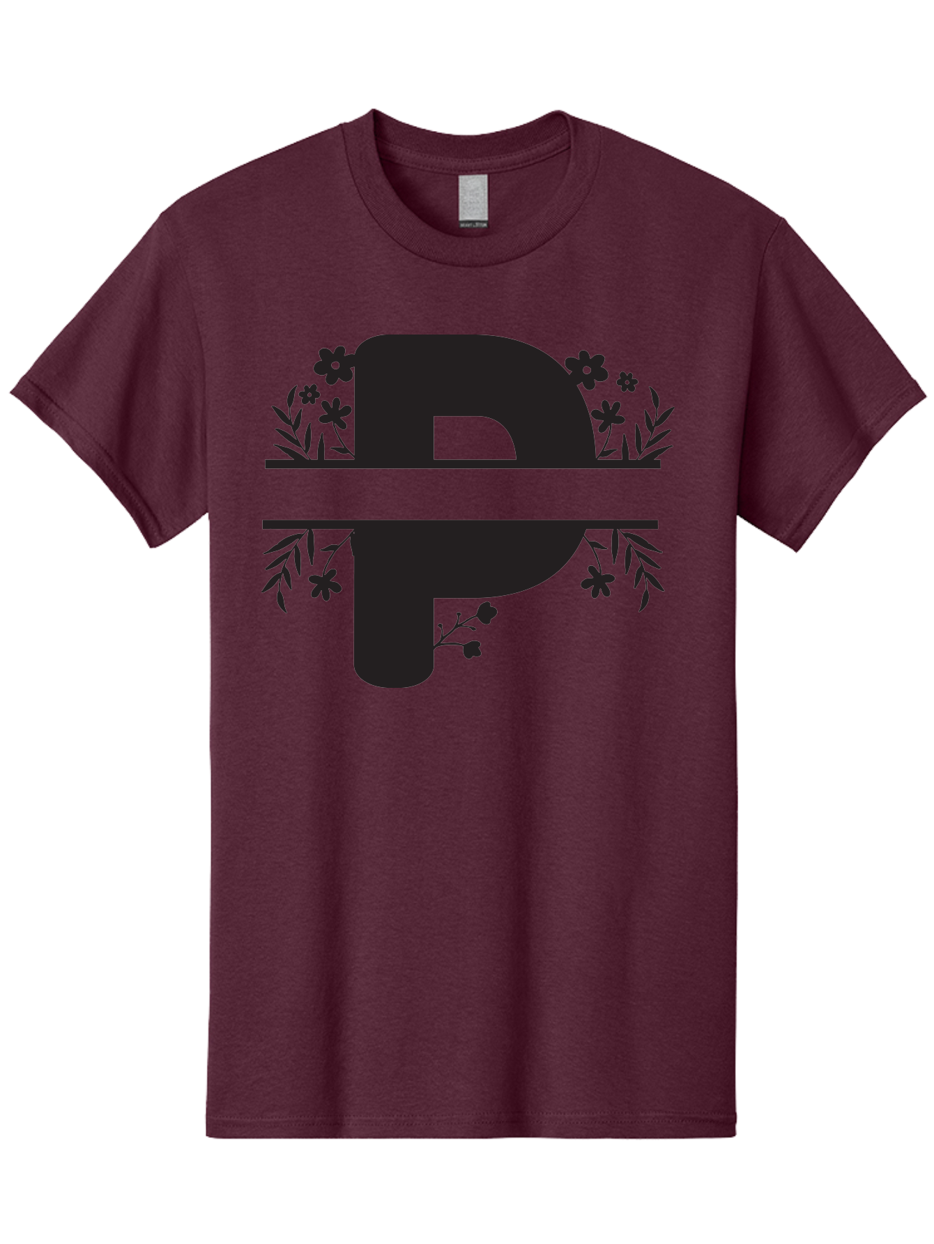 P-1 Men'S Graphic Tee, 100% Cotton, Comfortable Casual Summer Wear, Machine Washable, Large Black Letter P, Floral Designs, Flowers And Leaves, Black Silhouettes, Bold Typography, Decorative Elements, Symbolic Representation Aad081
