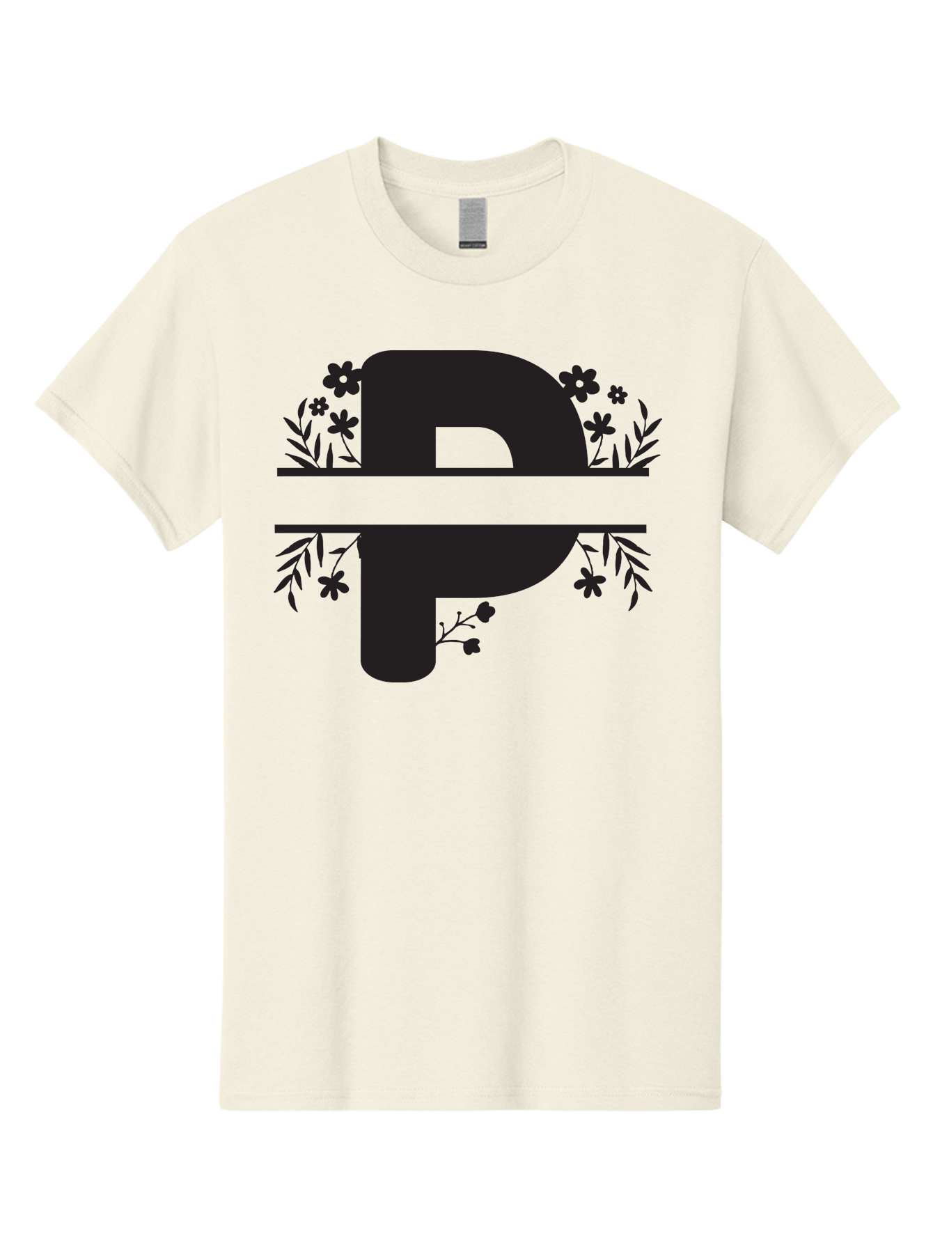 P-1 Men'S Graphic Tee, 100% Cotton, Comfortable Casual Summer Wear, Machine Washable, Large Black Letter P, Floral Designs, Flowers And Leaves, Black Silhouettes, Bold Typography, Decorative Elements, Symbolic Representation Aad081