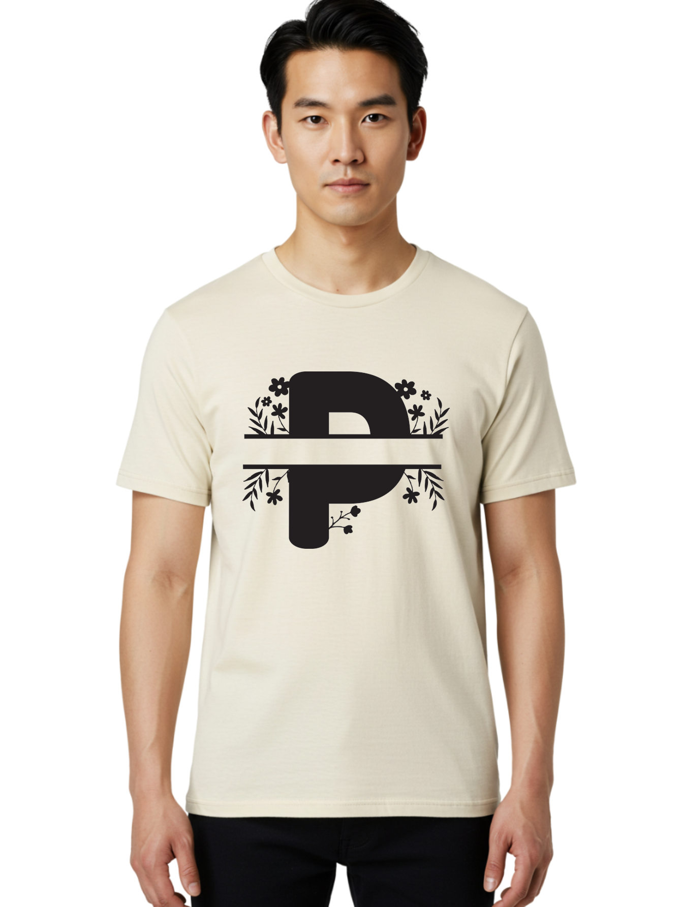 P-1 Men'S Graphic Tee, 100% Cotton, Comfortable Casual Summer Wear, Machine Washable, Large Black Letter P, Floral Designs, Flowers And Leaves, Black Silhouettes, Bold Typography, Decorative Elements, Symbolic Representation Aad081
