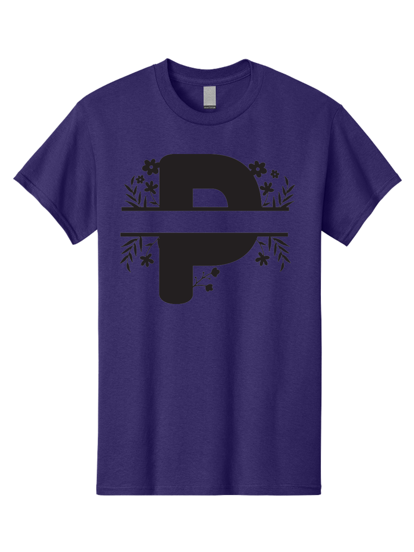 P-1 Men'S Graphic Tee, 100% Cotton, Comfortable Casual Summer Wear, Machine Washable, Large Black Letter P, Floral Designs, Flowers And Leaves, Black Silhouettes, Bold Typography, Decorative Elements, Symbolic Representation Aad081
