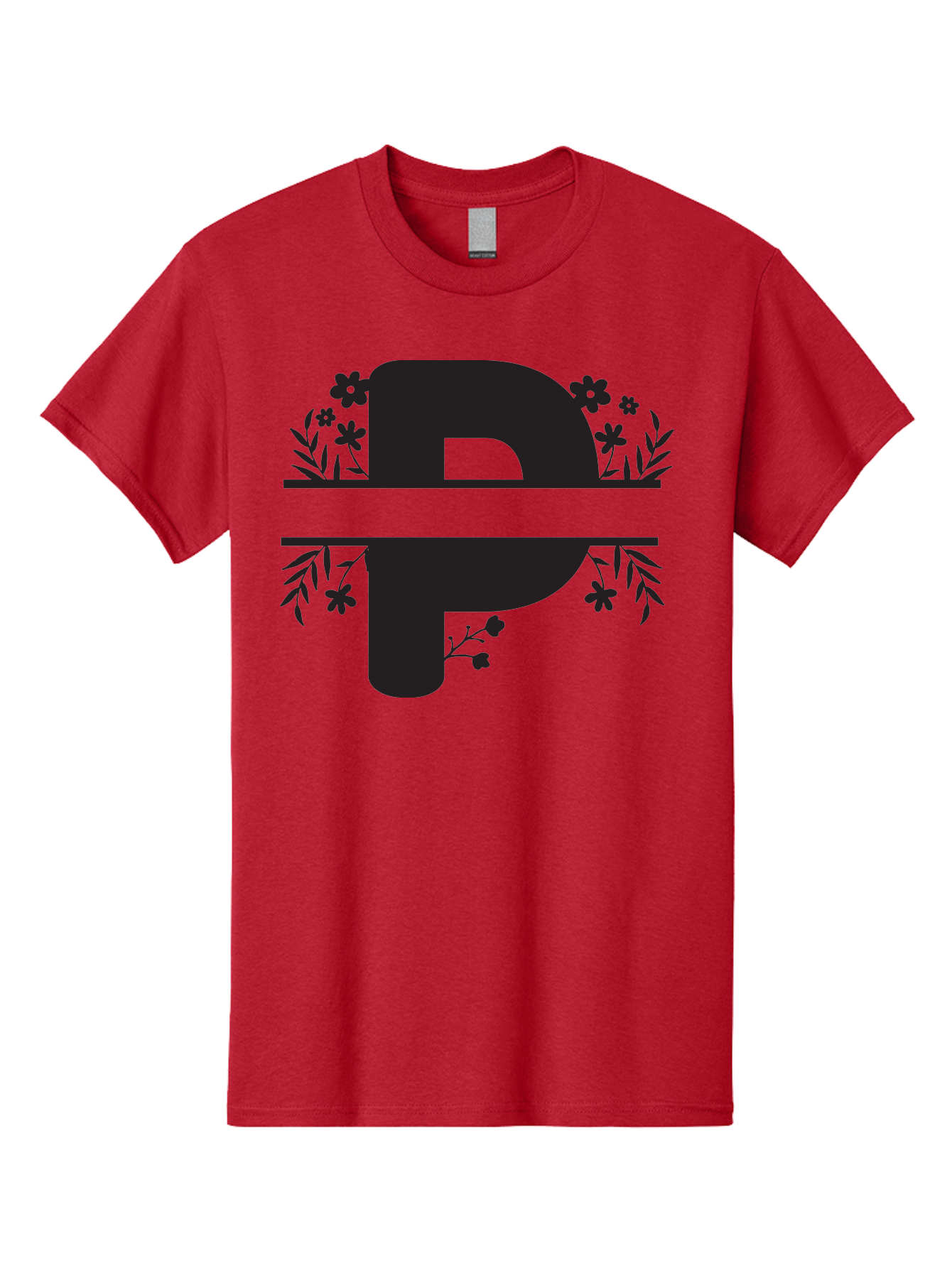 P-1 Men'S Graphic Tee, 100% Cotton, Comfortable Casual Summer Wear, Machine Washable, Large Black Letter P, Floral Designs, Flowers And Leaves, Black Silhouettes, Bold Typography, Decorative Elements, Symbolic Representation Aad081