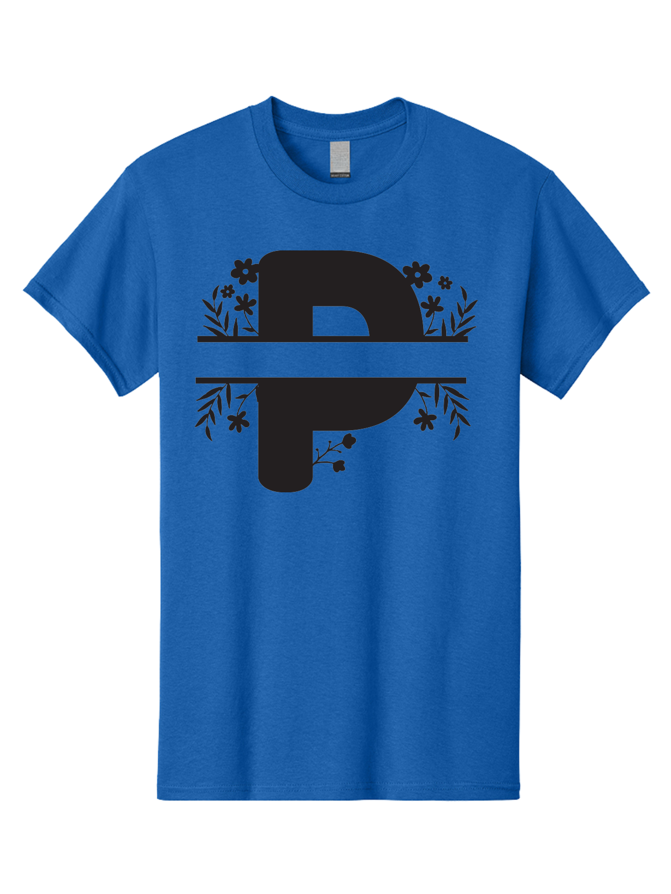 P-1 Men'S Graphic Tee, 100% Cotton, Comfortable Casual Summer Wear, Machine Washable, Large Black Letter P, Floral Designs, Flowers And Leaves, Black Silhouettes, Bold Typography, Decorative Elements, Symbolic Representation Aad081