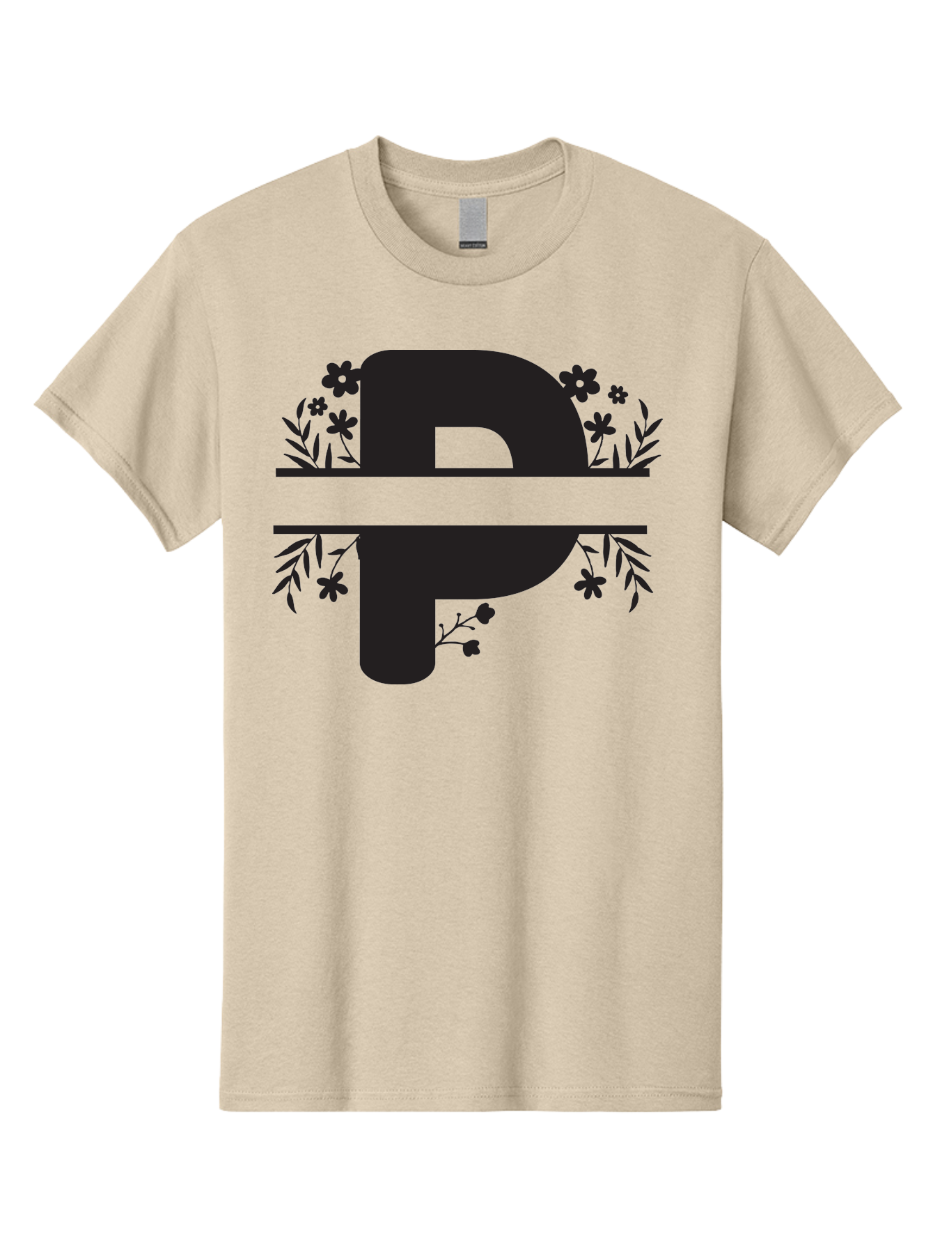 P-1 Men'S Graphic Tee, 100% Cotton, Comfortable Casual Summer Wear, Machine Washable, Large Black Letter P, Floral Designs, Flowers And Leaves, Black Silhouettes, Bold Typography, Decorative Elements, Symbolic Representation Aad081