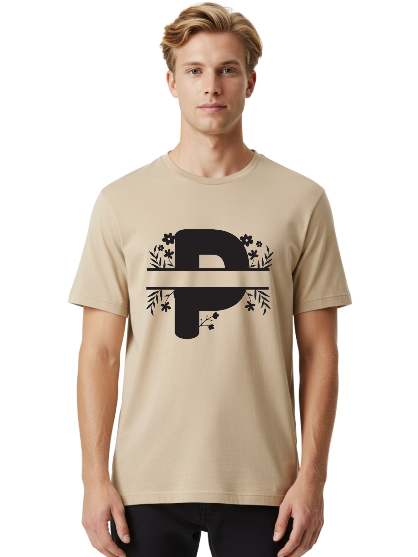 P-1 Men'S Graphic Tee, 100% Cotton, Comfortable Casual Summer Wear, Machine Washable, Large Black Letter P, Floral Designs, Flowers And Leaves, Black Silhouettes, Bold Typography, Decorative Elements, Symbolic Representation Aad081