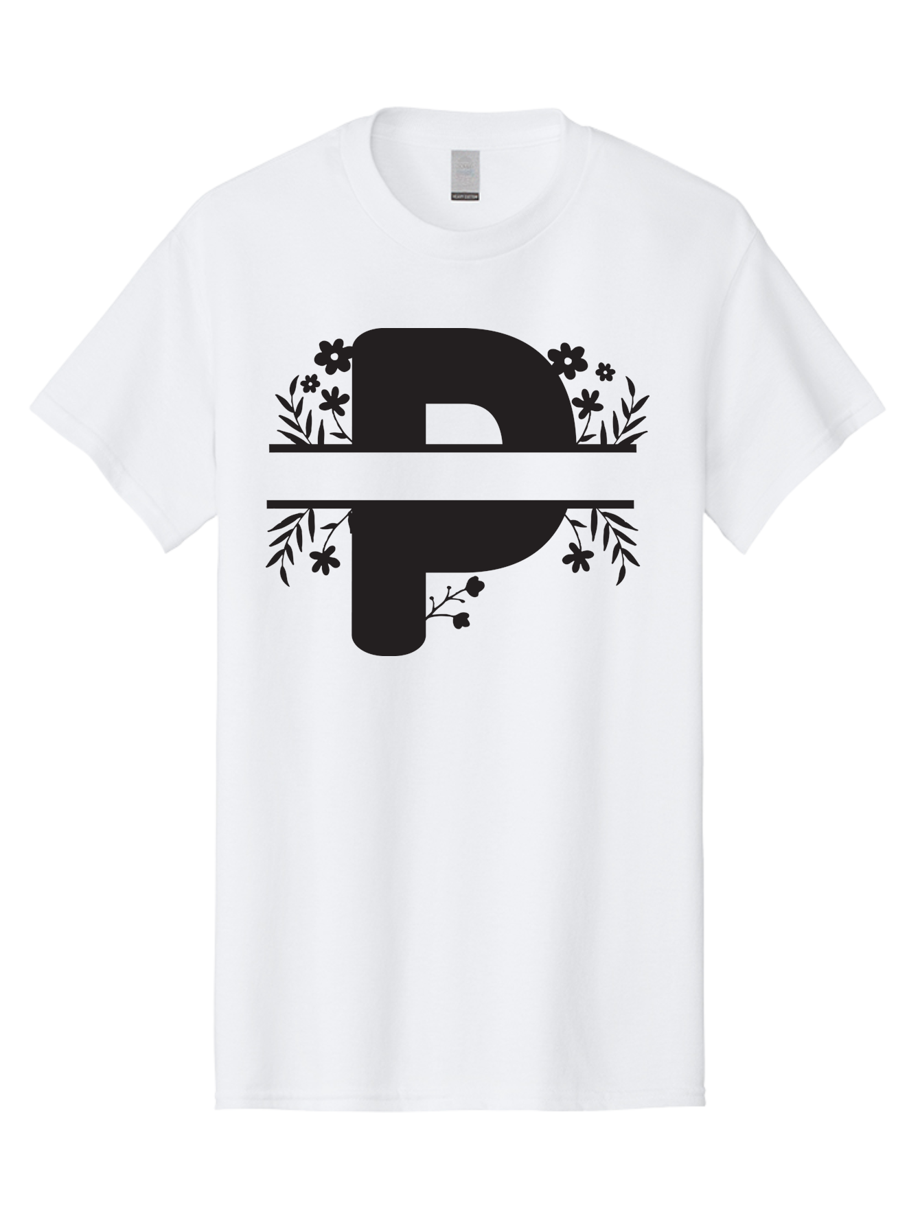P-1 Men'S Graphic Tee, 100% Cotton, Comfortable Casual Summer Wear, Machine Washable, Large Black Letter P, Floral Designs, Flowers And Leaves, Black Silhouettes, Bold Typography, Decorative Elements, Symbolic Representation Aad081