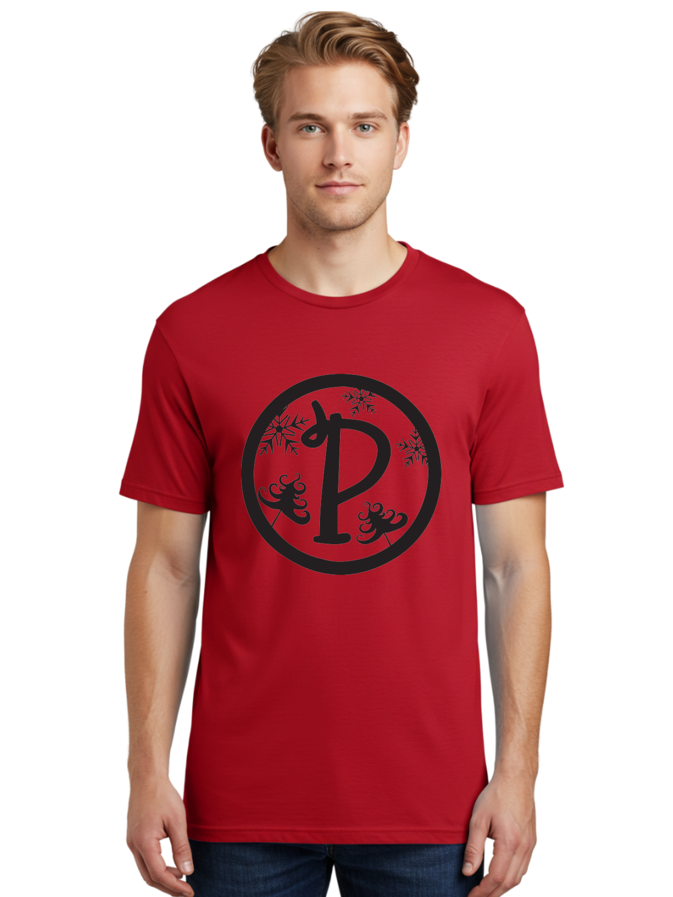 P Men'S Graphic Tee, 100% Cotton, Comfortable Casual Summer Wear, Machine Washable, Winter Wonderland, Festive Decorations, Christmas Trees, Snowflakes, Holiday Season, Elegant Typography, Black Silhouette, Decorative Elements Aad082