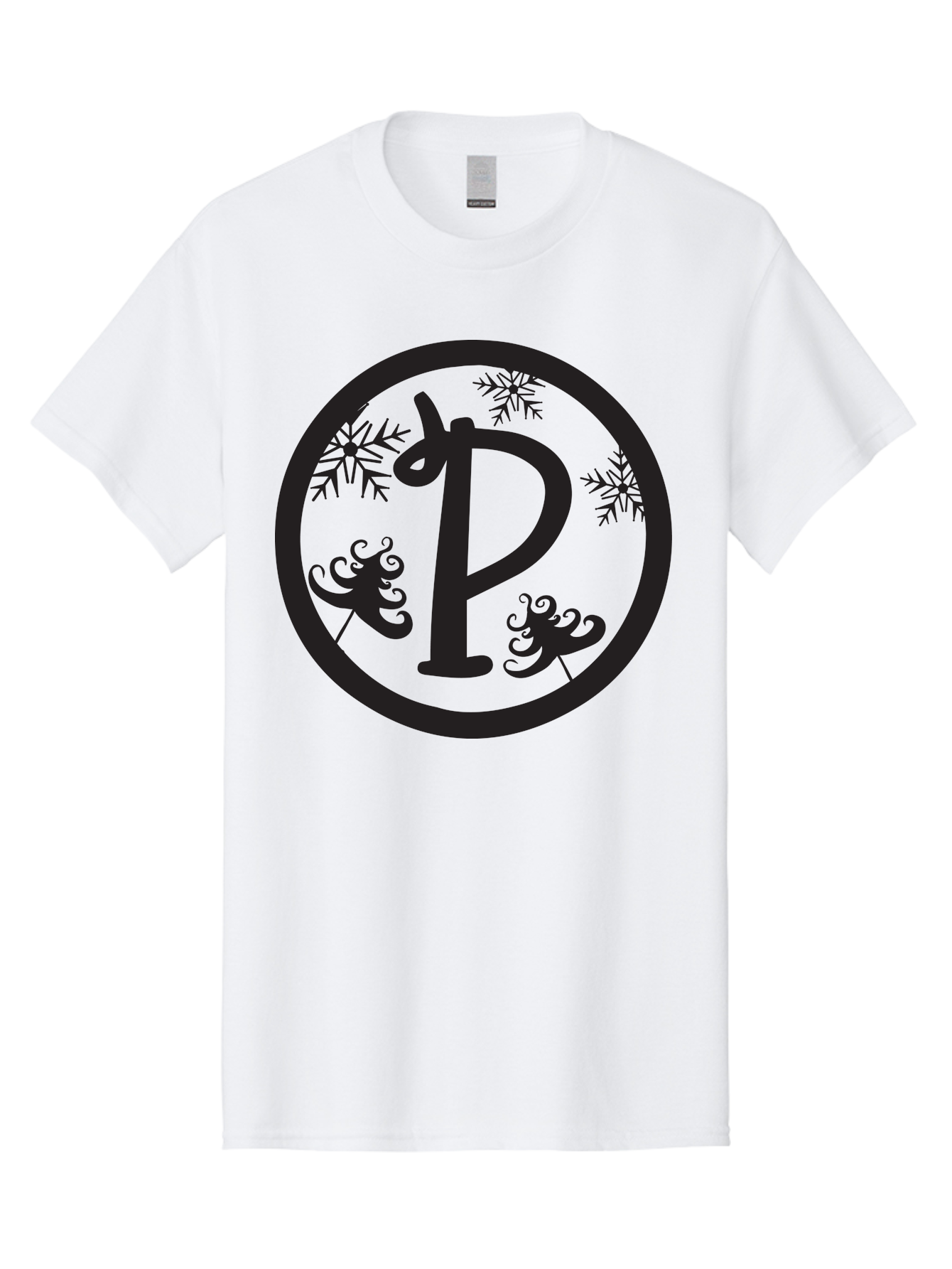 P Men'S Graphic Tee, 100% Cotton, Comfortable Casual Summer Wear, Machine Washable, Winter Wonderland, Festive Decorations, Christmas Trees, Snowflakes, Holiday Season, Elegant Typography, Black Silhouette, Decorative Elements Aad082