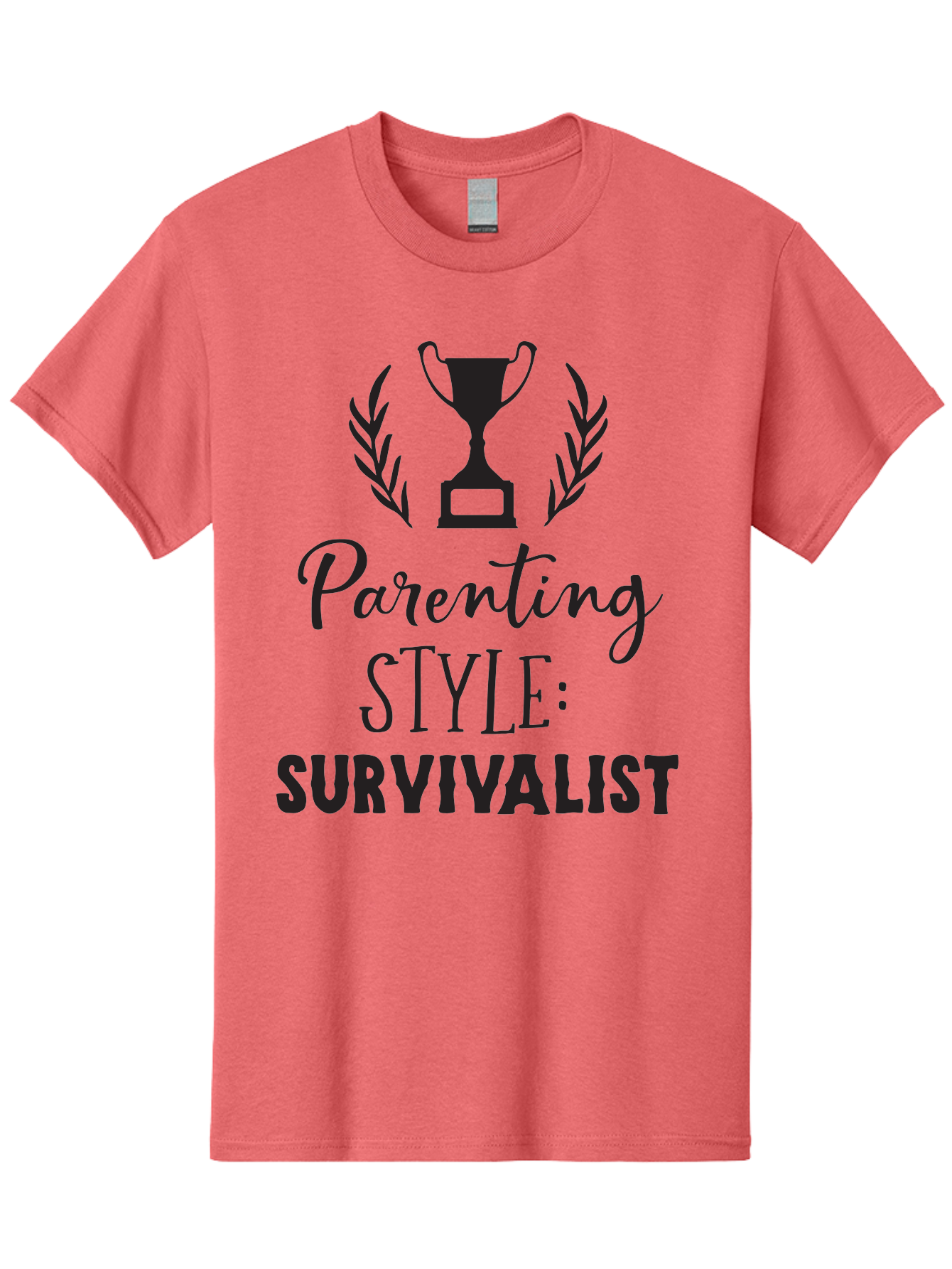 Parenting-Style-Survivalist Men'S Graphic Tee, 100% Cotton, Comfortable Casual Summer Wear, Machine Washable, Parenting Style, Survivalist Parents, Humorous Parenting, Parenting Humor, Trophy Award, Laurel Wreath, Parenting Challenges, Aad083