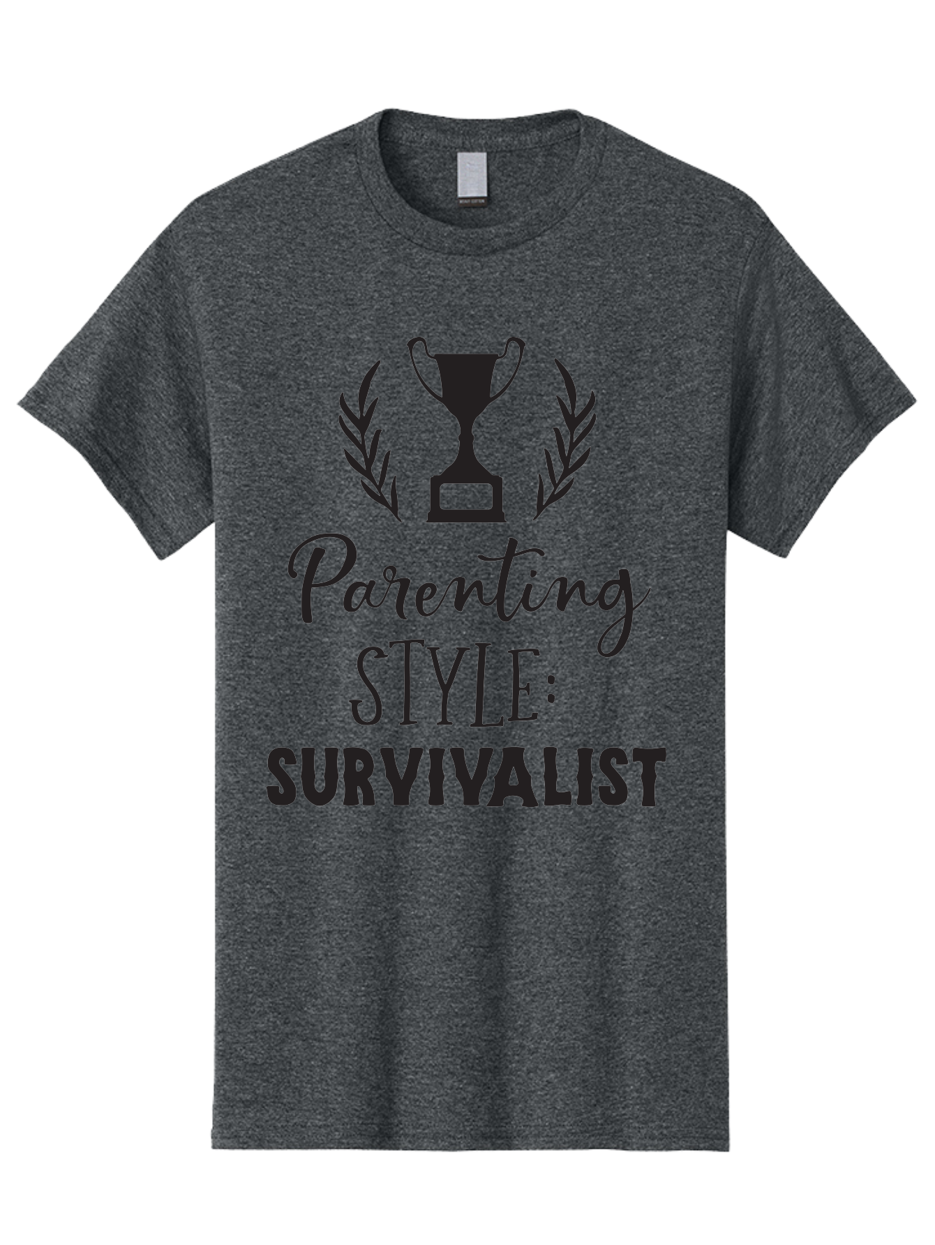 Parenting-Style-Survivalist Men'S Graphic Tee, 100% Cotton, Comfortable Casual Summer Wear, Machine Washable, Parenting Style, Survivalist Parents, Humorous Parenting, Parenting Humor, Trophy Award, Laurel Wreath, Parenting Challenges, Aad083