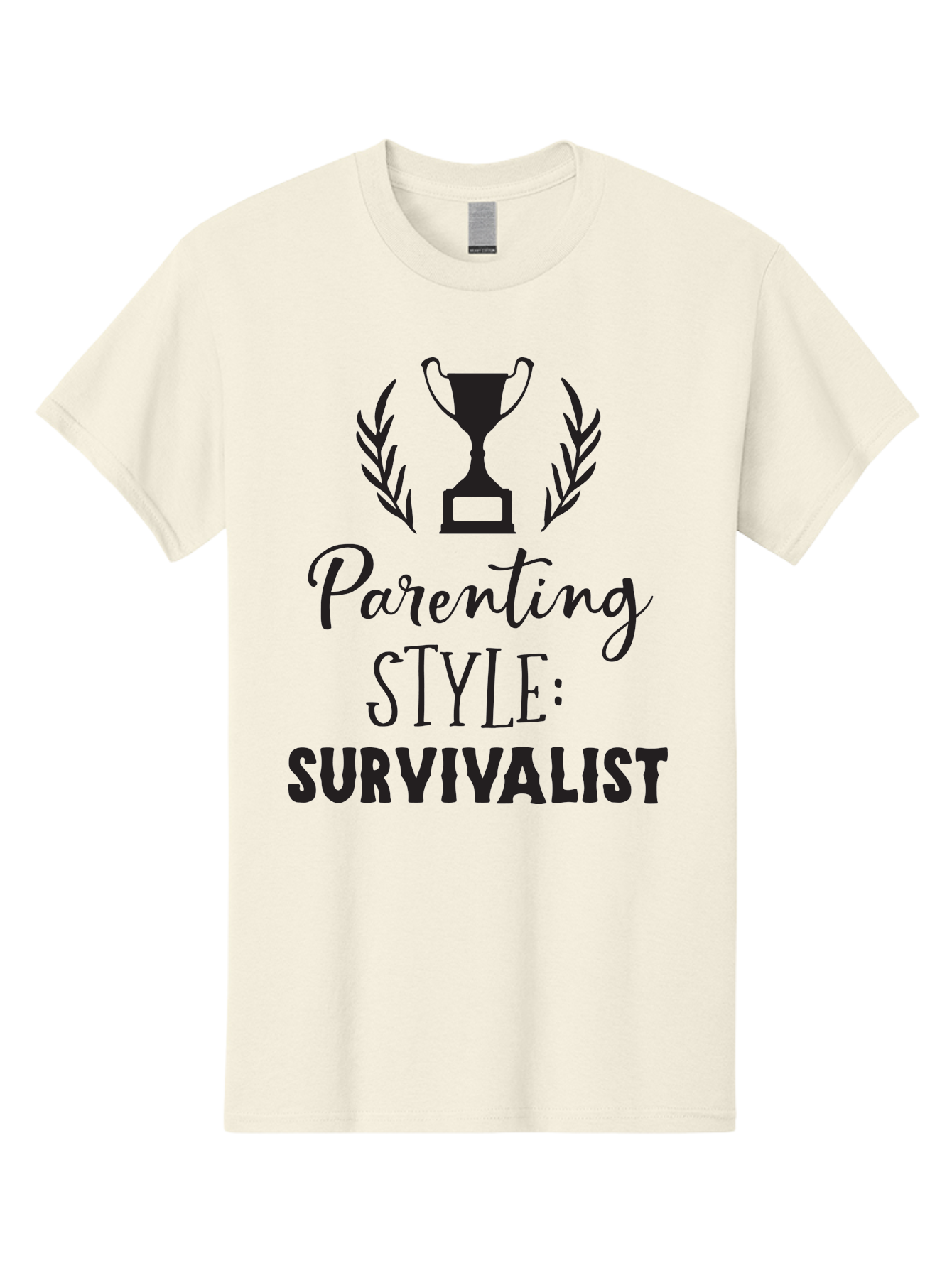 Parenting-Style-Survivalist Men'S Graphic Tee, 100% Cotton, Comfortable Casual Summer Wear, Machine Washable, Parenting Style, Survivalist Parents, Humorous Parenting, Parenting Humor, Trophy Award, Laurel Wreath, Parenting Challenges, Aad083