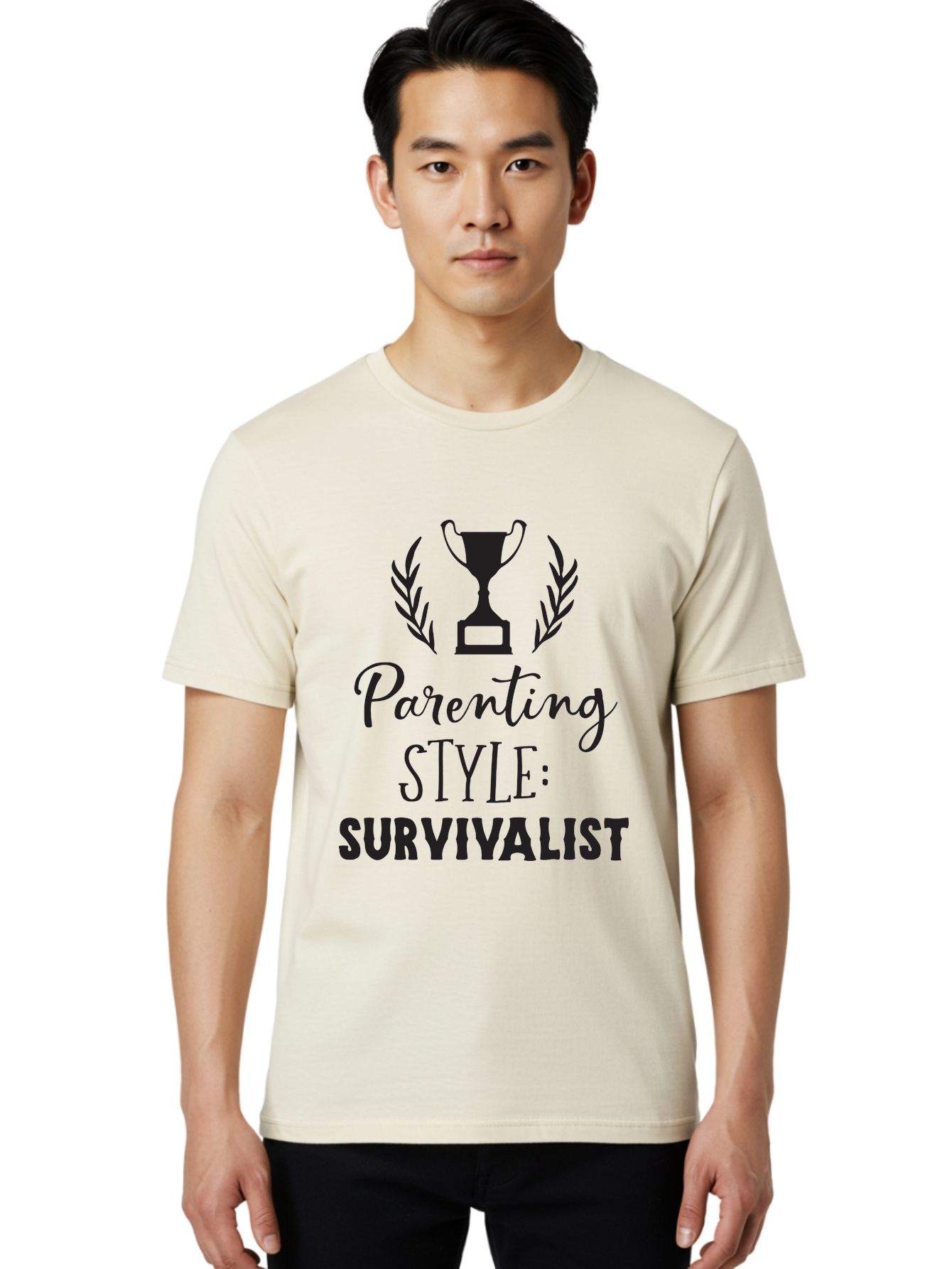 Parenting-Style-Survivalist Men'S Graphic Tee, 100% Cotton, Comfortable Casual Summer Wear, Machine Washable, Parenting Style, Survivalist Parents, Humorous Parenting, Parenting Humor, Trophy Award, Laurel Wreath, Parenting Challenges, Aad083