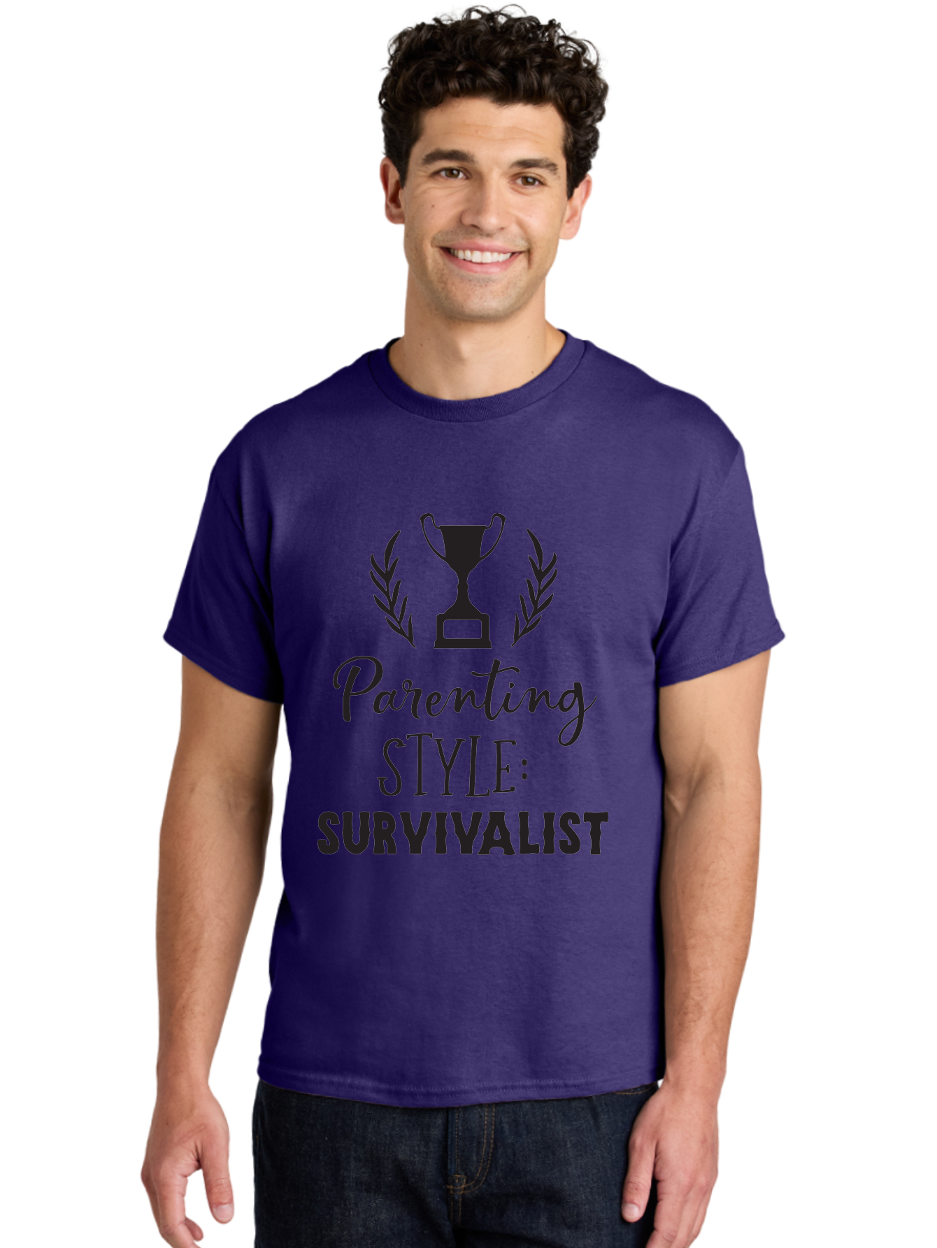 Parenting-Style-Survivalist Men'S Graphic Tee, 100% Cotton, Comfortable Casual Summer Wear, Machine Washable, Parenting Style, Survivalist Parents, Humorous Parenting, Parenting Humor, Trophy Award, Laurel Wreath, Parenting Challenges, Aad083