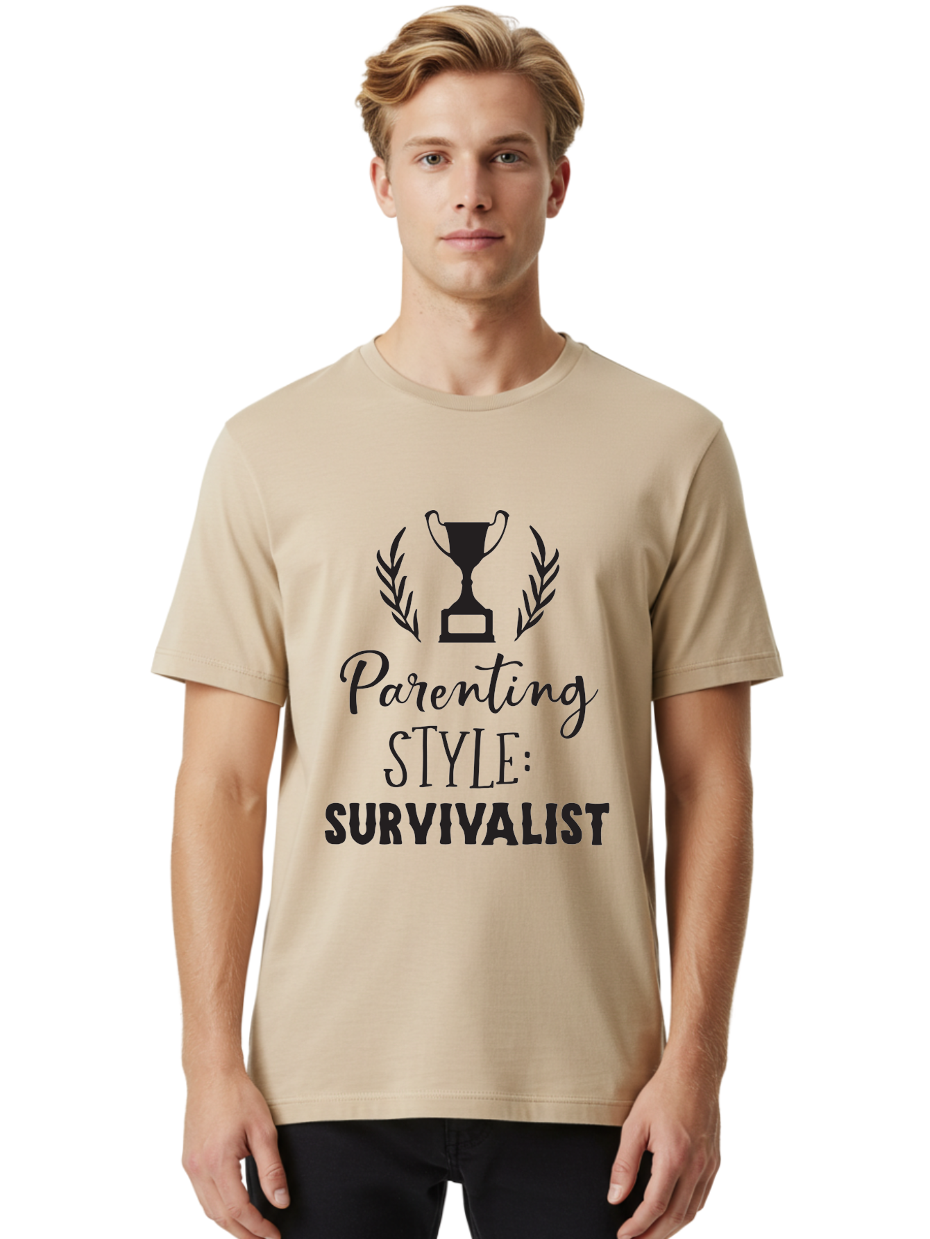Parenting-Style-Survivalist Men'S Graphic Tee, 100% Cotton, Comfortable Casual Summer Wear, Machine Washable, Parenting Style, Survivalist Parents, Humorous Parenting, Parenting Humor, Trophy Award, Laurel Wreath, Parenting Challenges, Aad083