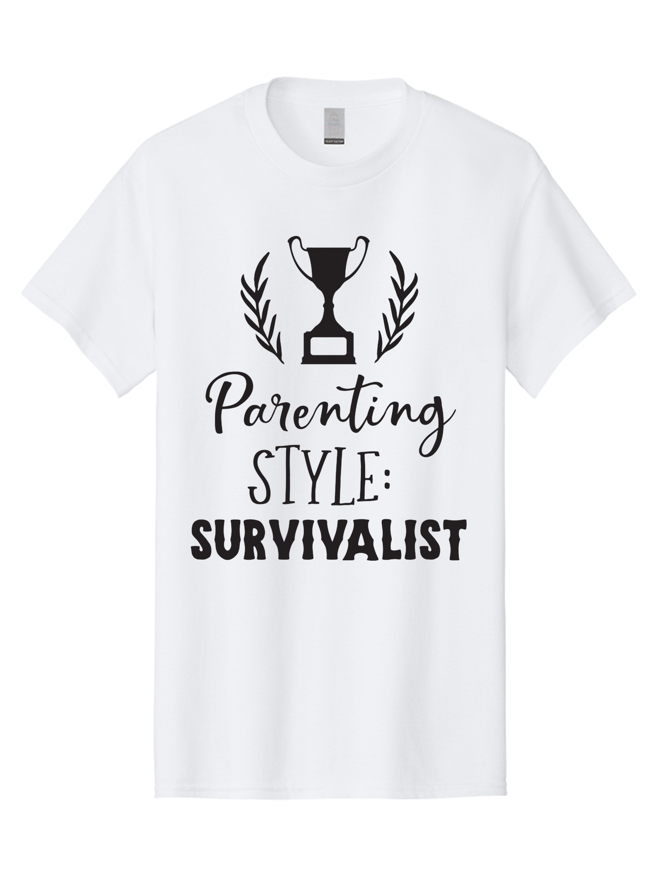 Parenting-Style-Survivalist Men'S Graphic Tee, 100% Cotton, Comfortable Casual Summer Wear, Machine Washable, Parenting Style, Survivalist Parents, Humorous Parenting, Parenting Humor, Trophy Award, Laurel Wreath, Parenting Challenges, Aad083