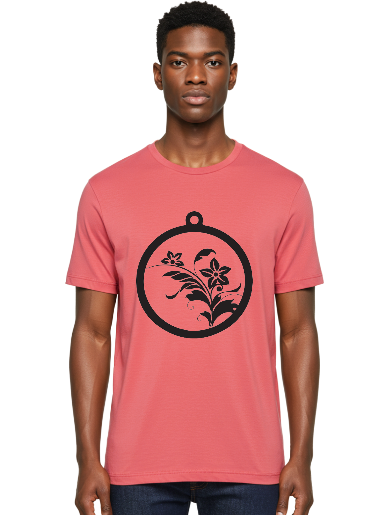 Pendant-With-Flowers Men'S Graphic Tee, 100% Cotton, Comfortable Casual Summer Wear, Machine Washable, Floral Design, Pendant Shape, Circular Frame, Black Silhouette, Stylized Flowers, Leaves, Botanical Art, Jewelry Inspiration, Aad086