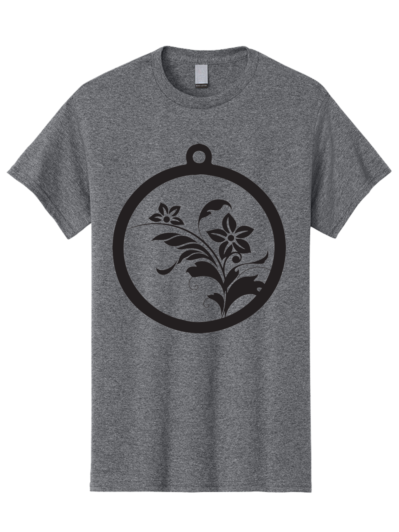 Pendant-With-Flowers Men'S Graphic Tee, 100% Cotton, Comfortable Casual Summer Wear, Machine Washable, Floral Design, Pendant Shape, Circular Frame, Black Silhouette, Stylized Flowers, Leaves, Botanical Art, Jewelry Inspiration, Aad086