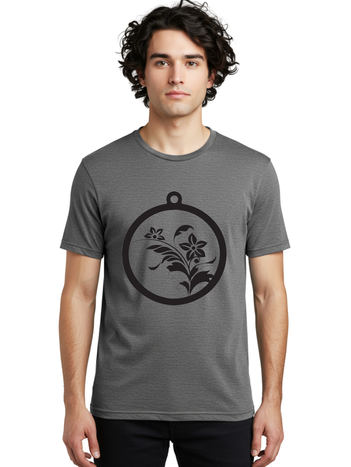 Pendant-With-Flowers Men'S Graphic Tee, 100% Cotton, Comfortable Casual Summer Wear, Machine Washable, Floral Design, Pendant Shape, Circular Frame, Black Silhouette, Stylized Flowers, Leaves, Botanical Art, Jewelry Inspiration, Aad086