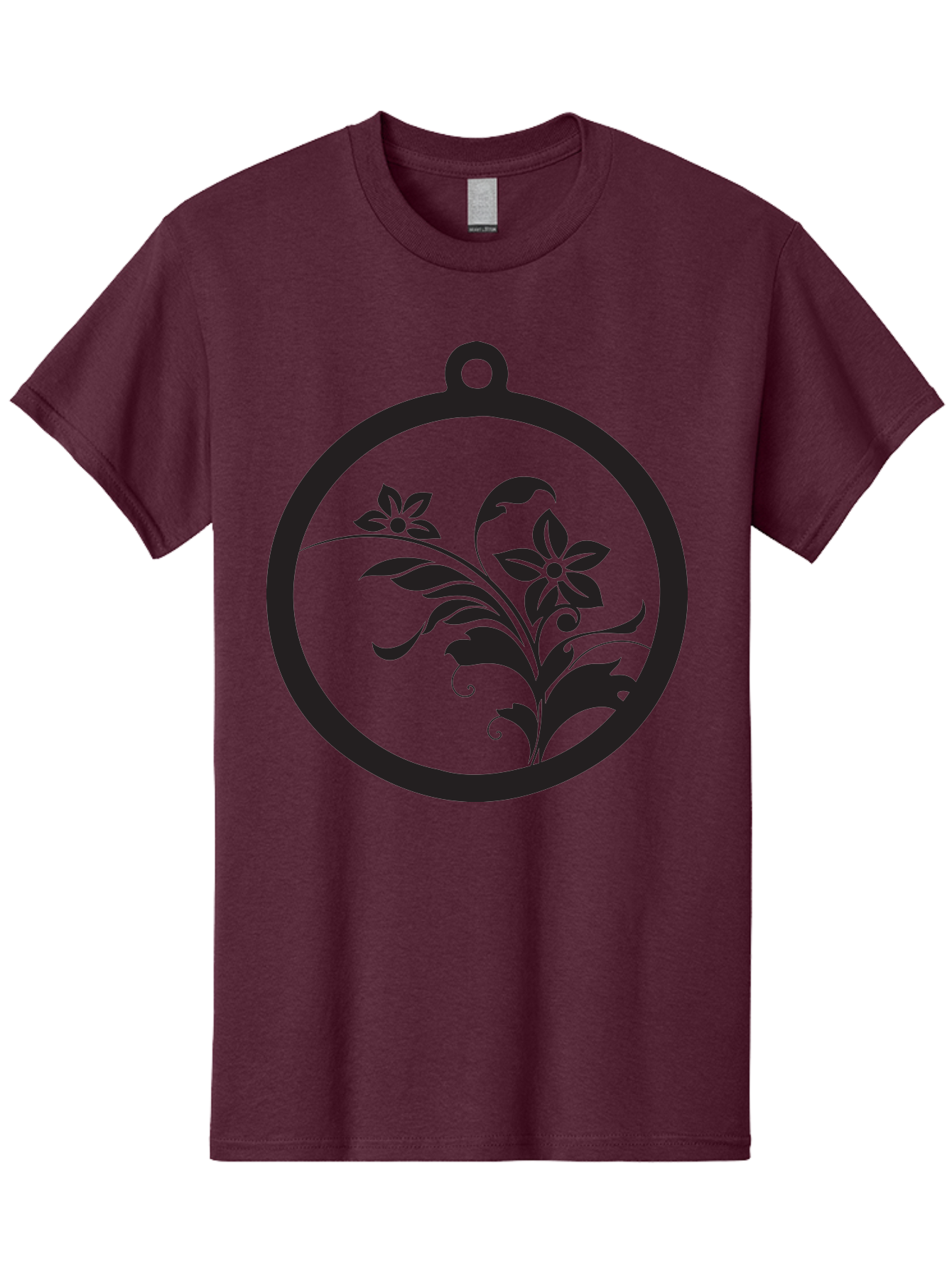 Pendant-With-Flowers Men'S Graphic Tee, 100% Cotton, Comfortable Casual Summer Wear, Machine Washable, Floral Design, Pendant Shape, Circular Frame, Black Silhouette, Stylized Flowers, Leaves, Botanical Art, Jewelry Inspiration, Aad086
