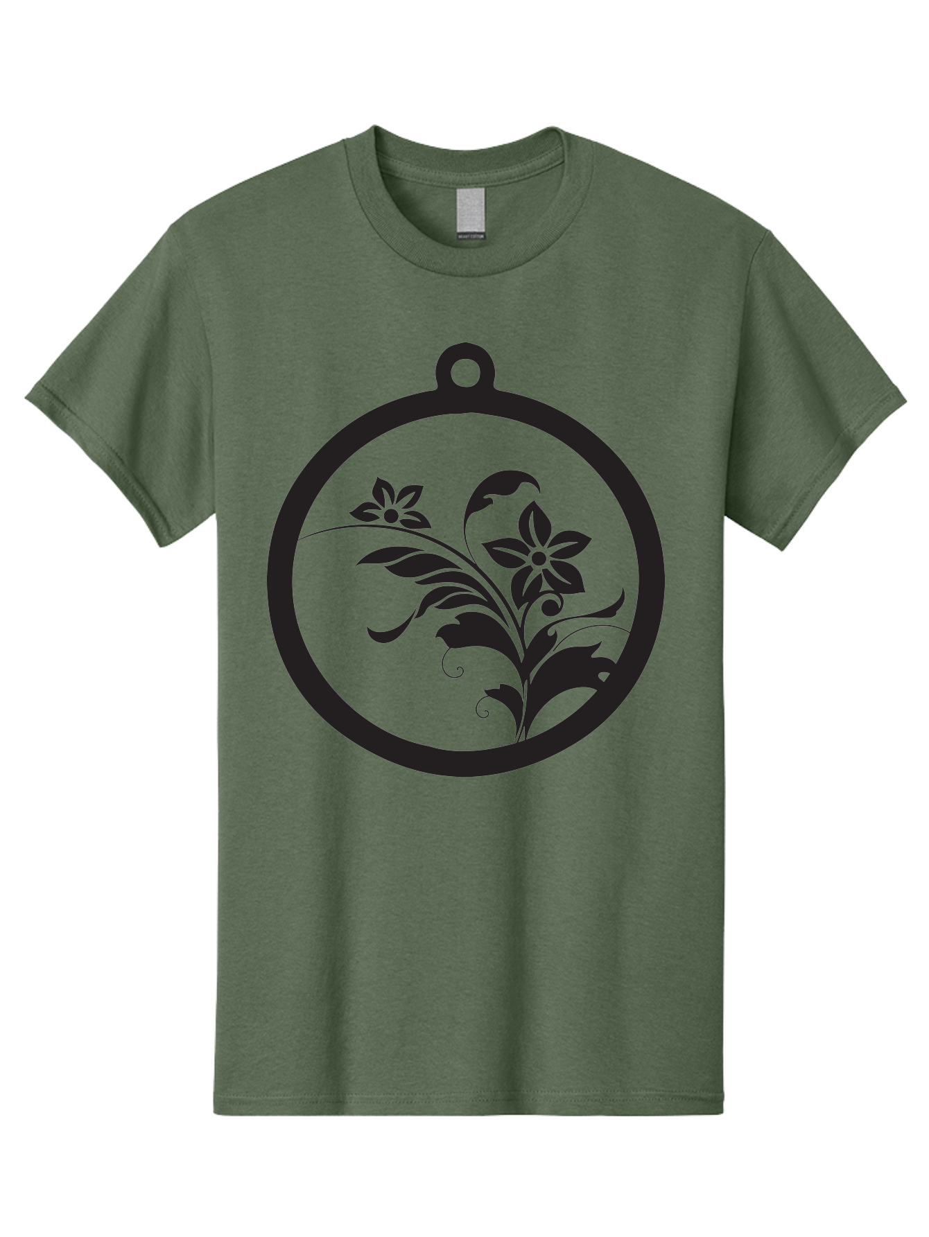 Pendant-With-Flowers Men'S Graphic Tee, 100% Cotton, Comfortable Casual Summer Wear, Machine Washable, Floral Design, Pendant Shape, Circular Frame, Black Silhouette, Stylized Flowers, Leaves, Botanical Art, Jewelry Inspiration, Aad086
