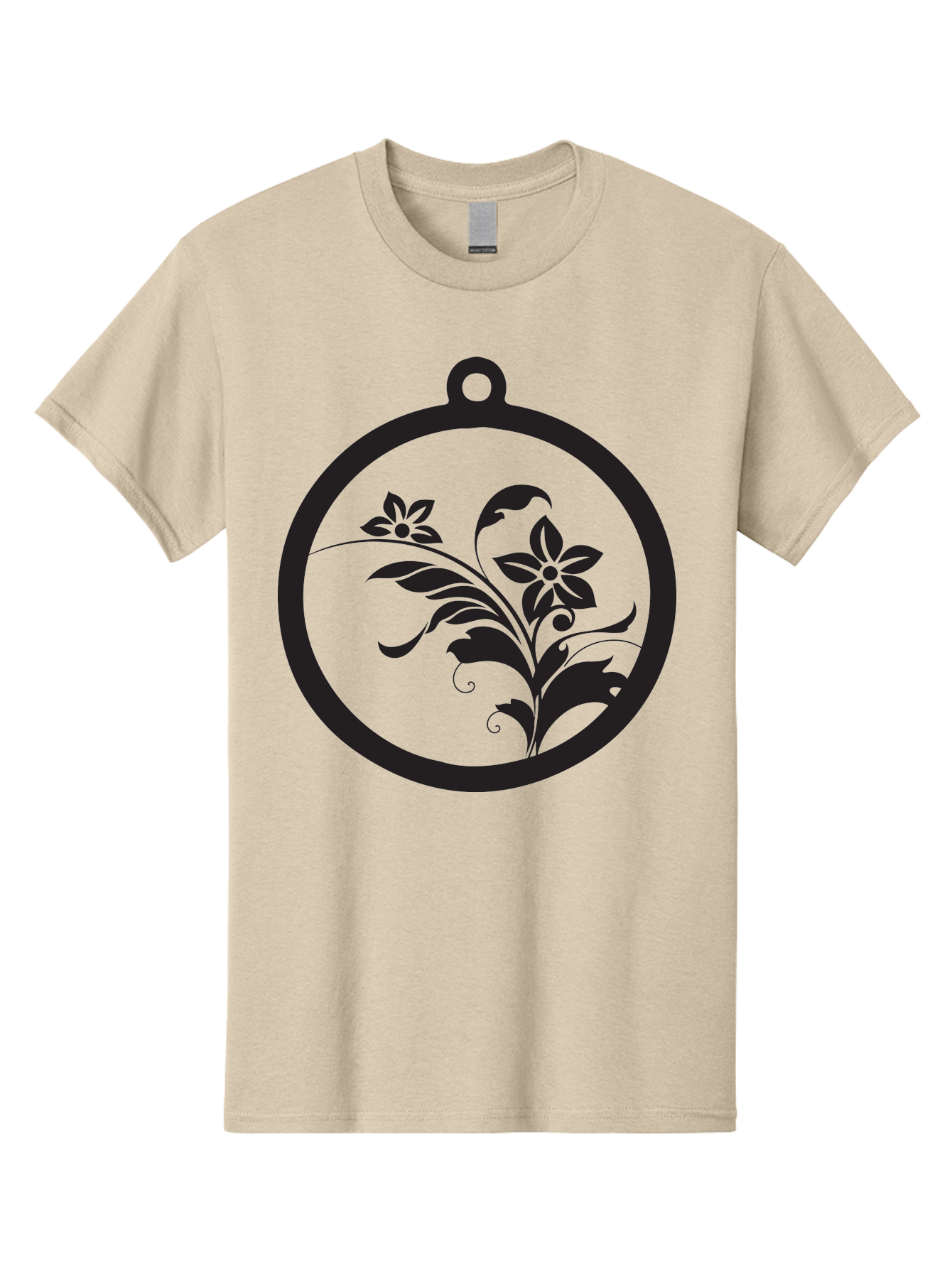 Pendant-With-Flowers Men'S Graphic Tee, 100% Cotton, Comfortable Casual Summer Wear, Machine Washable, Floral Design, Pendant Shape, Circular Frame, Black Silhouette, Stylized Flowers, Leaves, Botanical Art, Jewelry Inspiration, Aad086