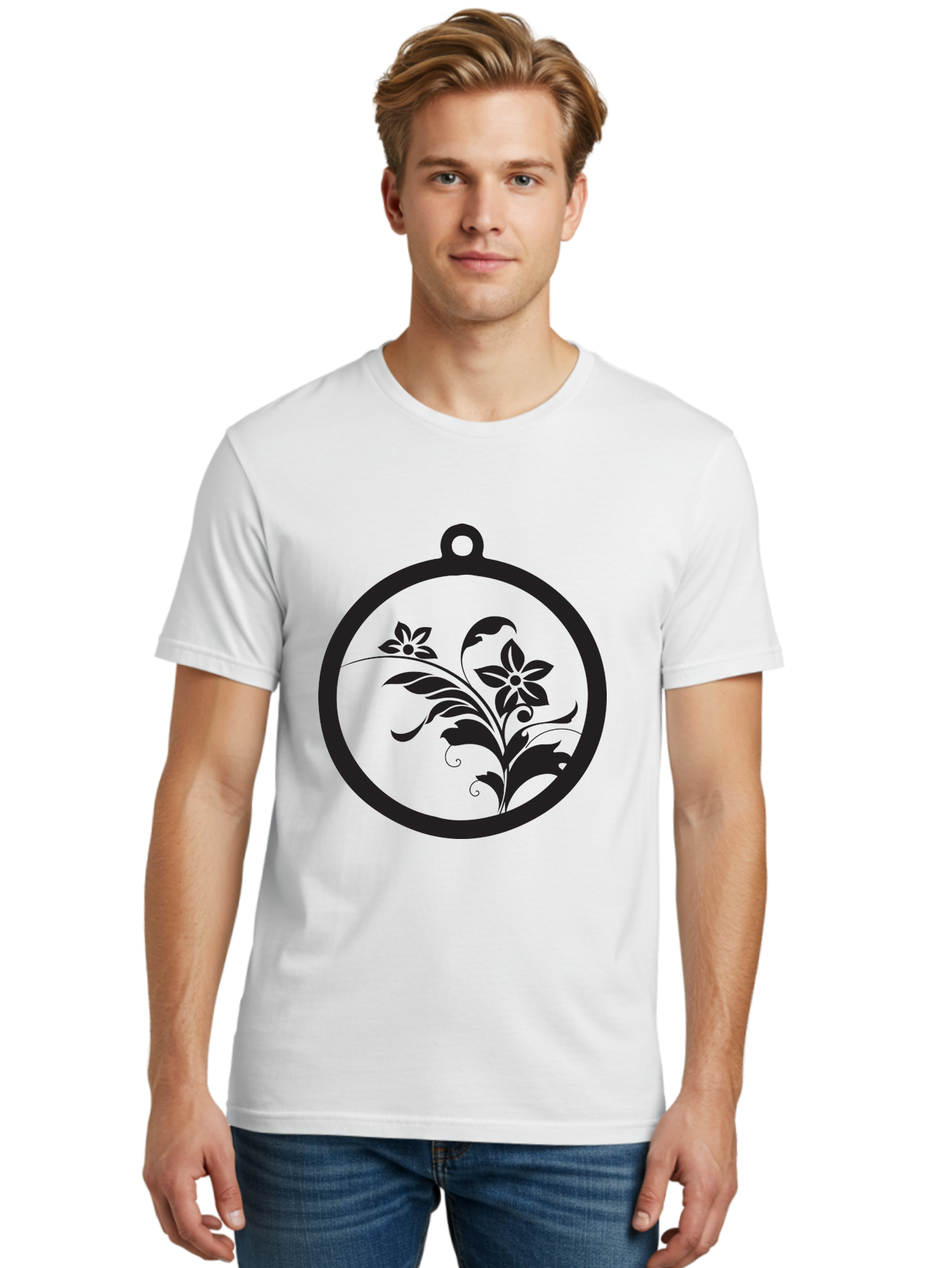 Pendant-With-Flowers Men'S Graphic Tee, 100% Cotton, Comfortable Casual Summer Wear, Machine Washable, Floral Design, Pendant Shape, Circular Frame, Black Silhouette, Stylized Flowers, Leaves, Botanical Art, Jewelry Inspiration, Aad086