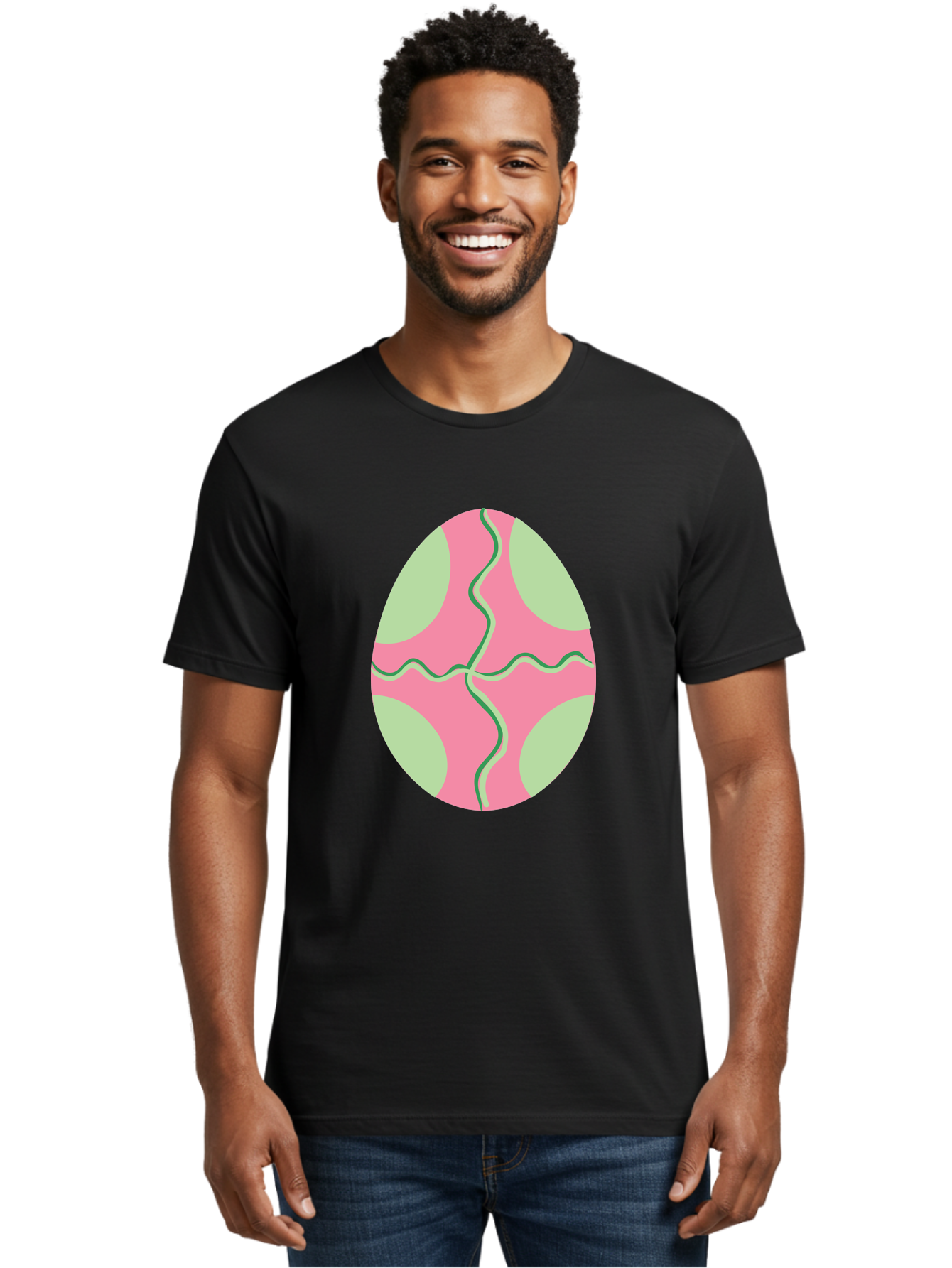 Pink-Easter-Egg Men'S Graphic Tee, 100% Cotton, Comfortable Casual Summer Wear, Machine Washable, Easter Egg Decoration, Cracked Egg Design, Pink And Green Colors, Wavy Crack Lines, Festive Easter Theme, Spring Holiday Symbol Aad093