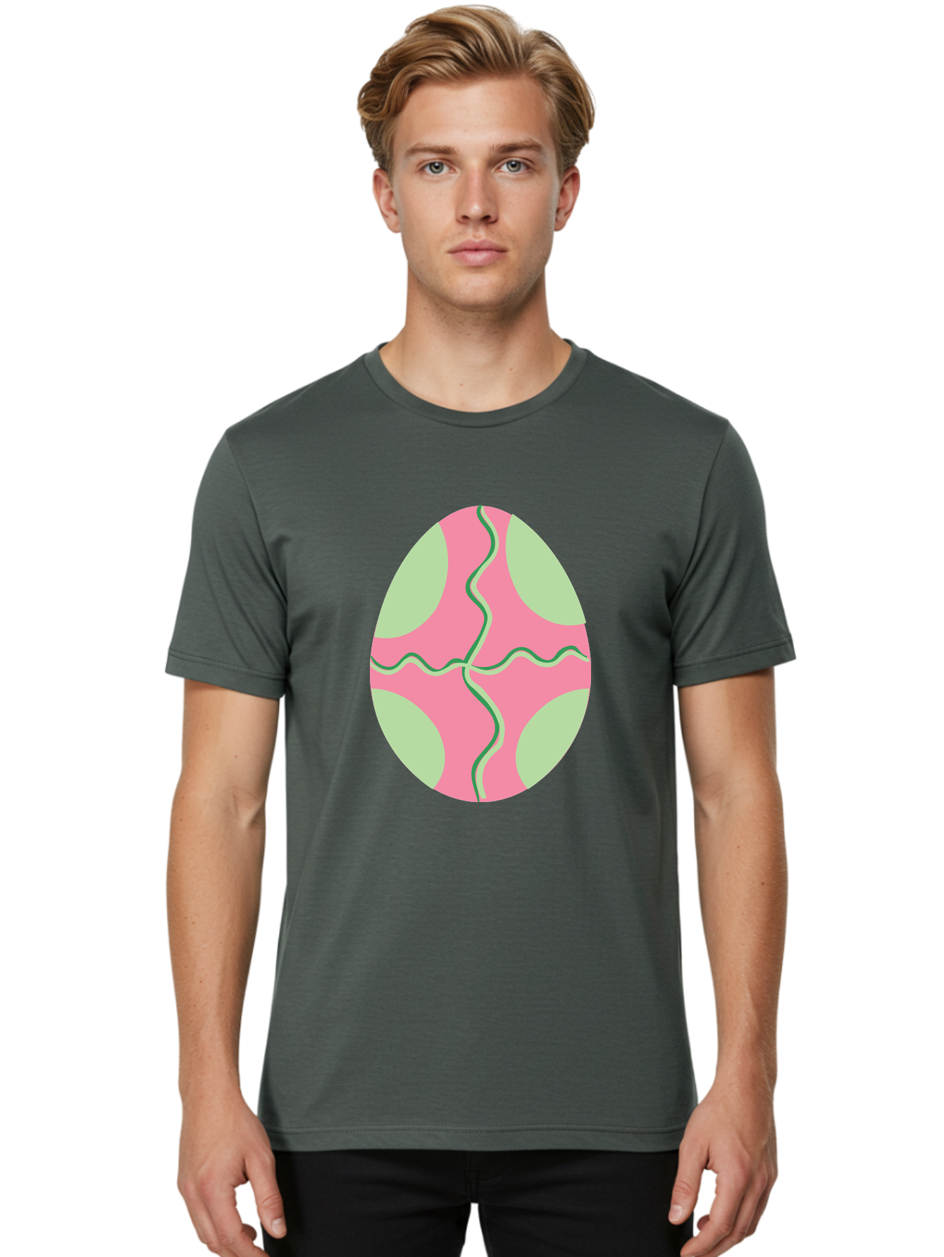 Pink-Easter-Egg Men'S Graphic Tee, 100% Cotton, Comfortable Casual Summer Wear, Machine Washable, Easter Egg Decoration, Cracked Egg Design, Pink And Green Colors, Wavy Crack Lines, Festive Easter Theme, Spring Holiday Symbol Aad093