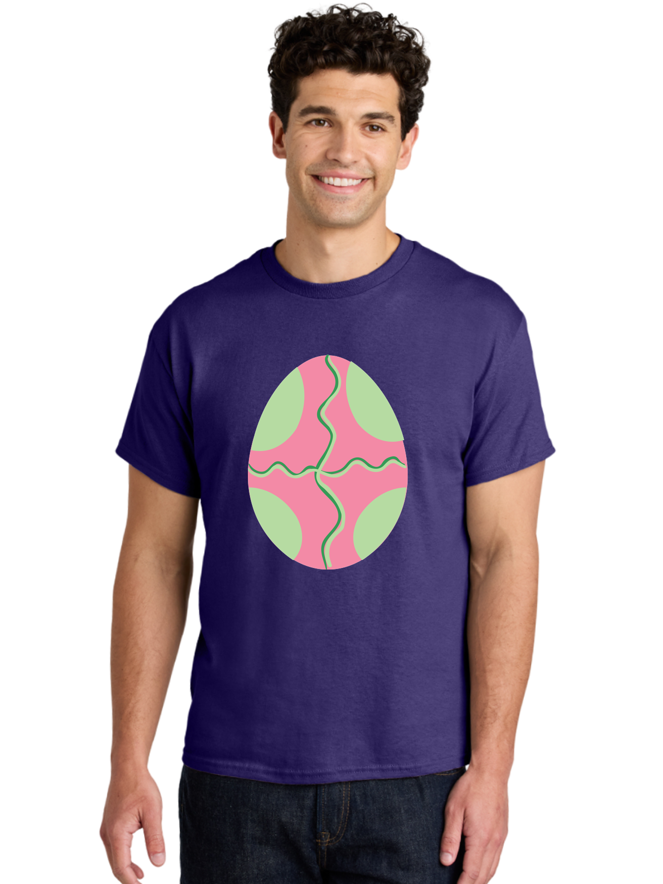 Pink-Easter-Egg Men'S Graphic Tee, 100% Cotton, Comfortable Casual Summer Wear, Machine Washable, Easter Egg Decoration, Cracked Egg Design, Pink And Green Colors, Wavy Crack Lines, Festive Easter Theme, Spring Holiday Symbol Aad093