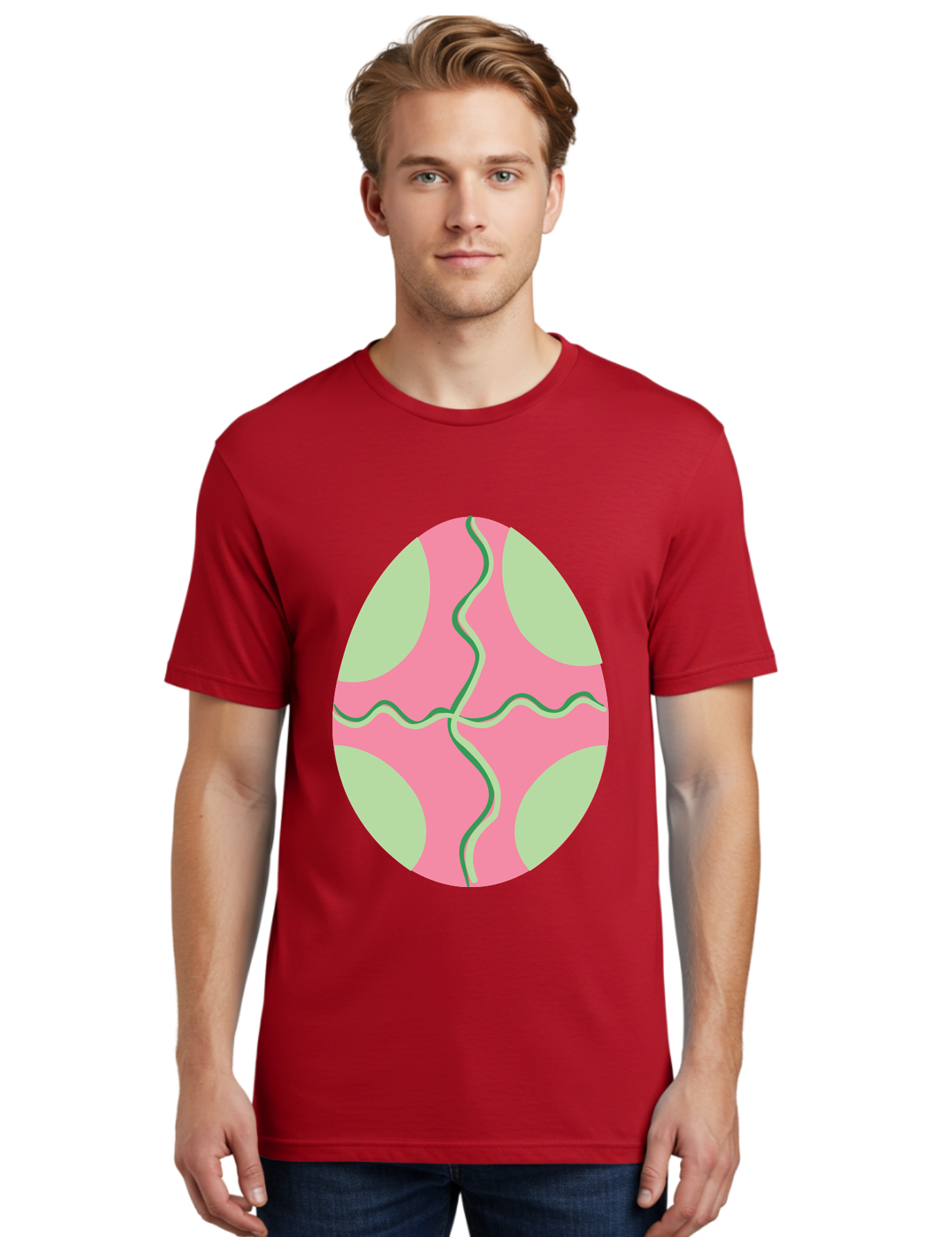 Pink-Easter-Egg Men'S Graphic Tee, 100% Cotton, Comfortable Casual Summer Wear, Machine Washable, Easter Egg Decoration, Cracked Egg Design, Pink And Green Colors, Wavy Crack Lines, Festive Easter Theme, Spring Holiday Symbol Aad093