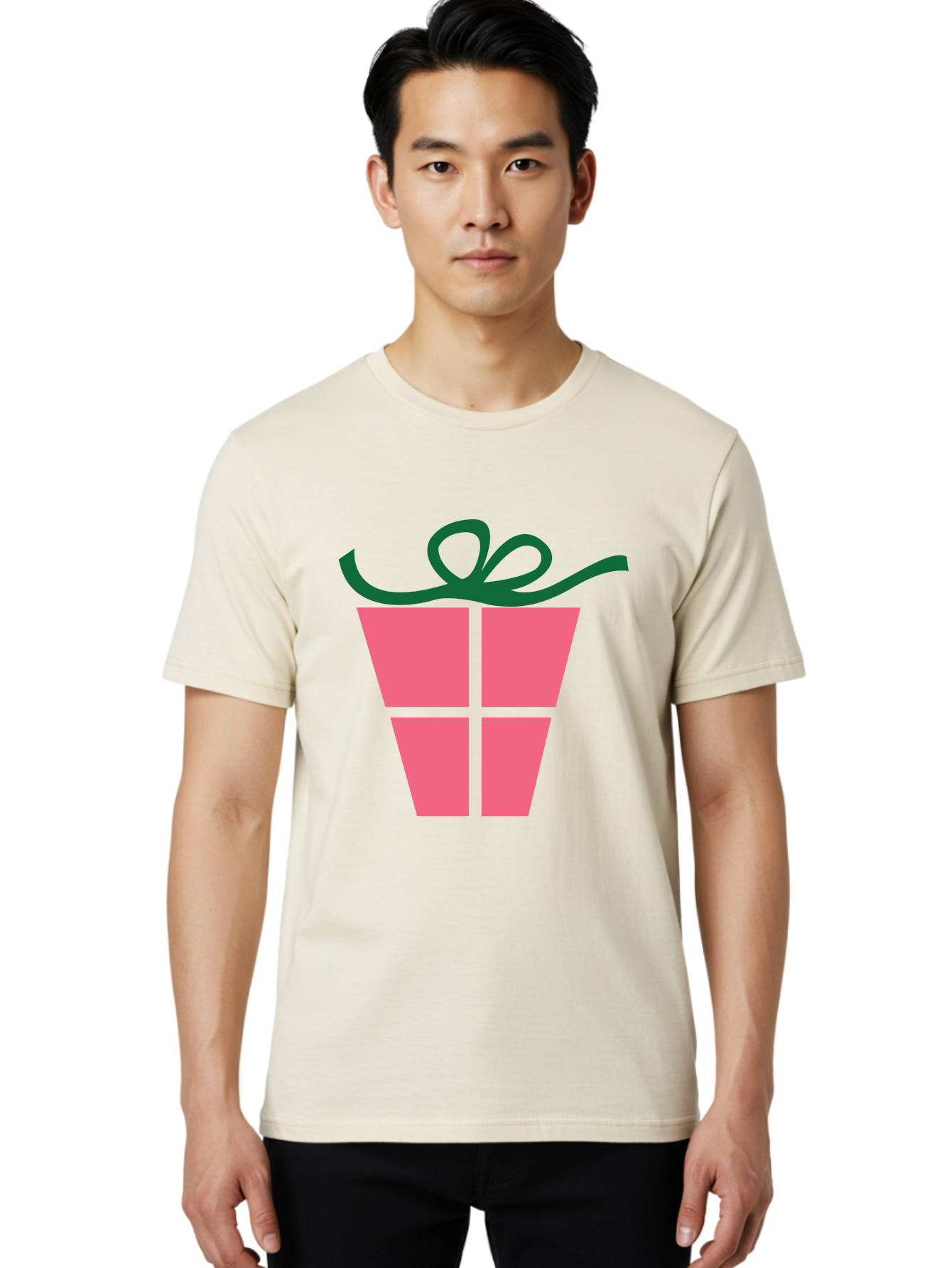 Pink-Gift-Box-With-Ribbon Men'S Graphic Tee, 100% Cotton, Comfortable Casual Summer Wear, Machine Washable, Pink Gift Box, Wrapped Present, Green Ribbon, Festive, Celebration, Party Favor, Gift Giving, Holiday Present Aad094