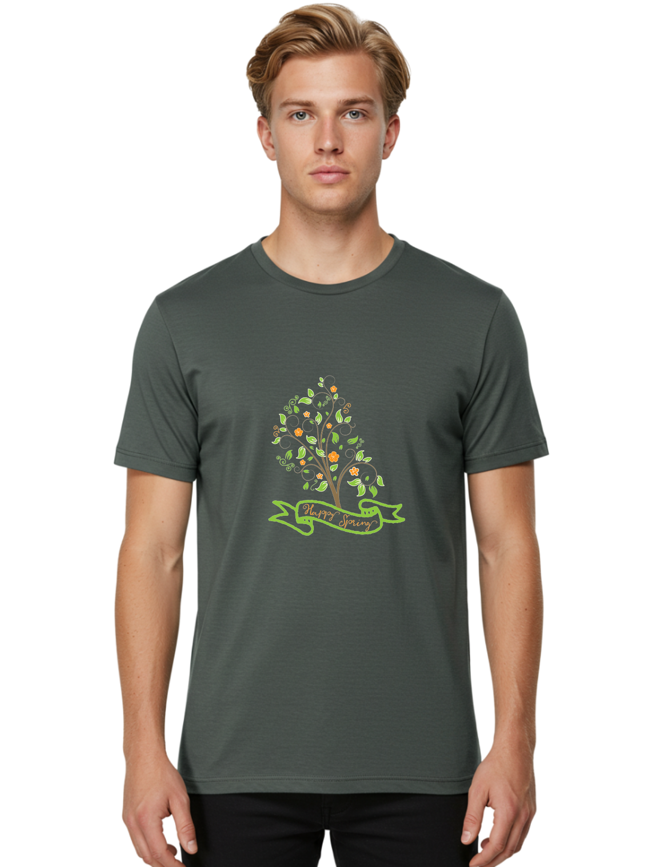 Plant-Your-Story Men'S Graphic Tee, 100% Cotton, Comfortable Casual Summer Wear, Machine Washable, Tree With Flowers, Playful Design, Inspirational Quote, Journey Theme, Floral Pattern, Orange Flowers, White Leaves, Creative Typography, Aad096