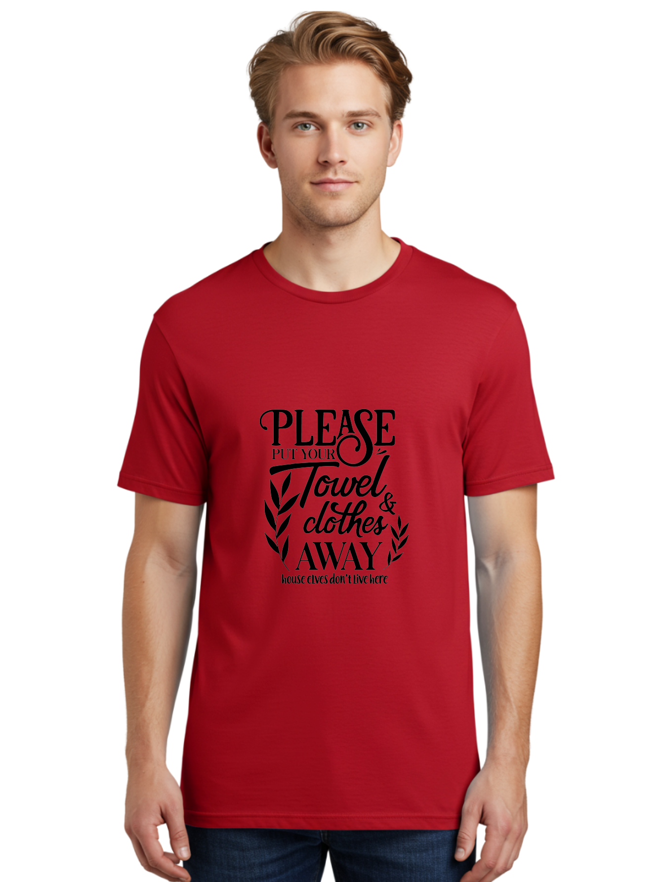 Please-Put-Your-Towel-Clothes-Away Men'S Graphic Tee, 100% Cotton, Comfortable Casual Summer Wear, Machine Washable, Humorous Sign, House Elves Don'T Live Here, Tidy Up, Cleanliness, Laundry, Towel Etiquette, Bathroom Humor, Aad097