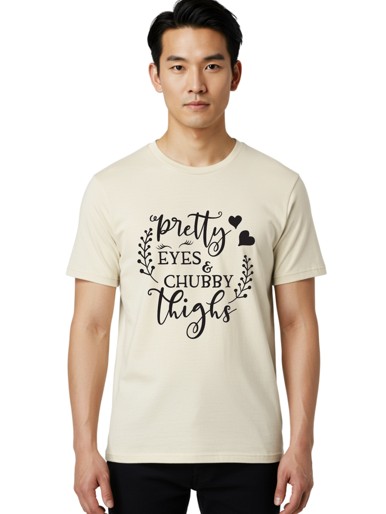 Pretty-Eyes-Chubby-Thighs Men'S Graphic Tee, 100% Cotton, Comfortable Casual Summer Wear, Machine Washable, Cute Typography, Body Positivity, Self Love, Confidence Boost, Empowerment, Lovely Quotes, Charming Phrases, Inspiration, Motivation Aad100