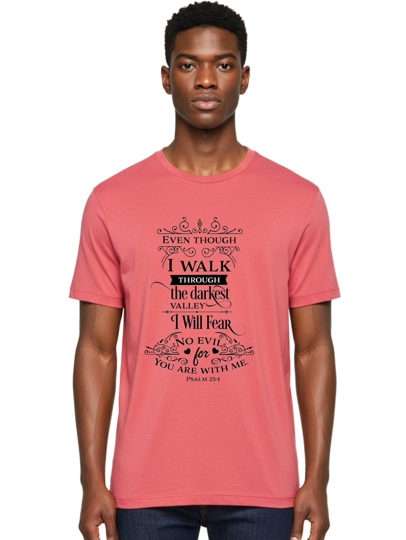 Psalm-23-4 Men'S Graphic Tee, 100% Cotton, Comfortable Casual Summer Wear, Machine Washable, Inspirational Quote, Psalm 23:4, Faith-Based Design, Dark Valley, Fearless Journey, Divine Presence, Ornate Typography, Heart Symbols, Scripture Art, Aad106