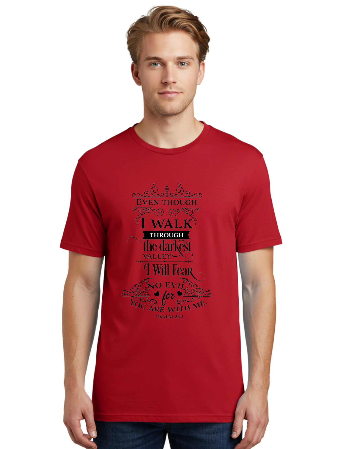 Psalm-23-4 Men'S Graphic Tee, 100% Cotton, Comfortable Casual Summer Wear, Machine Washable, Inspirational Quote, Psalm 23:4, Faith-Based Design, Dark Valley, Fearless Journey, Divine Presence, Ornate Typography, Heart Symbols, Scripture Art, Aad106