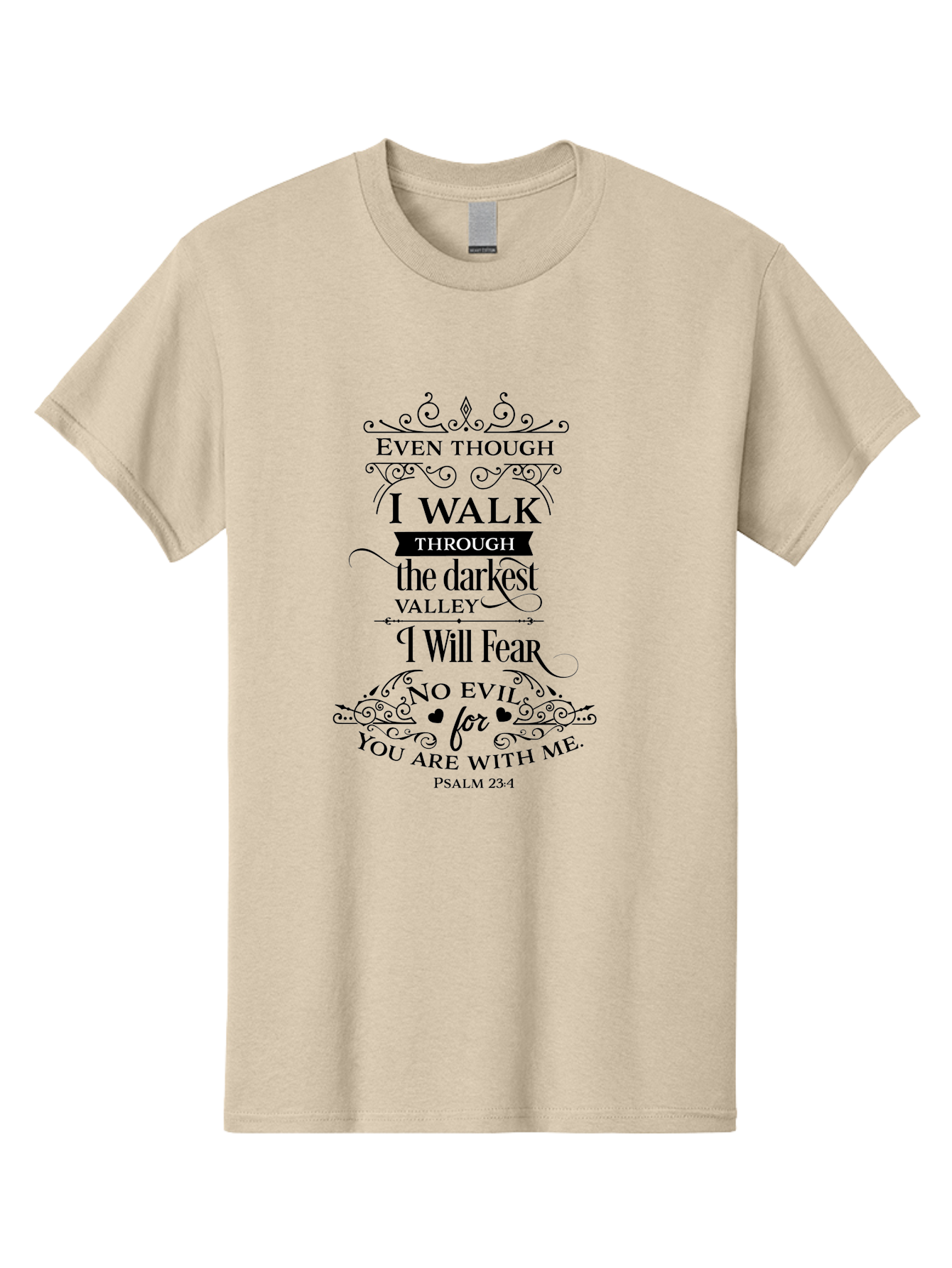 Psalm-23-4 Men'S Graphic Tee, 100% Cotton, Comfortable Casual Summer Wear, Machine Washable, Inspirational Quote, Psalm 23:4, Faith-Based Design, Dark Valley, Fearless Journey, Divine Presence, Ornate Typography, Heart Symbols, Scripture Art, Aad106
