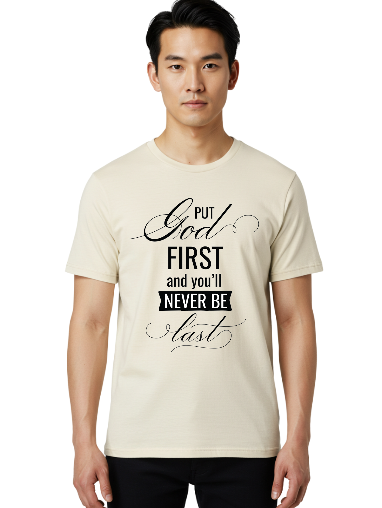 Put-God-First Men'S Graphic Tee, 100% Cotton, Comfortable Casual Summer Wear, Machine Washable, Inspirational Quote, Motivational Words, Faith-Based Message, Put God First, Inspirational Sayings, Motivational Phrases, Spiritual Guidance, Aad110