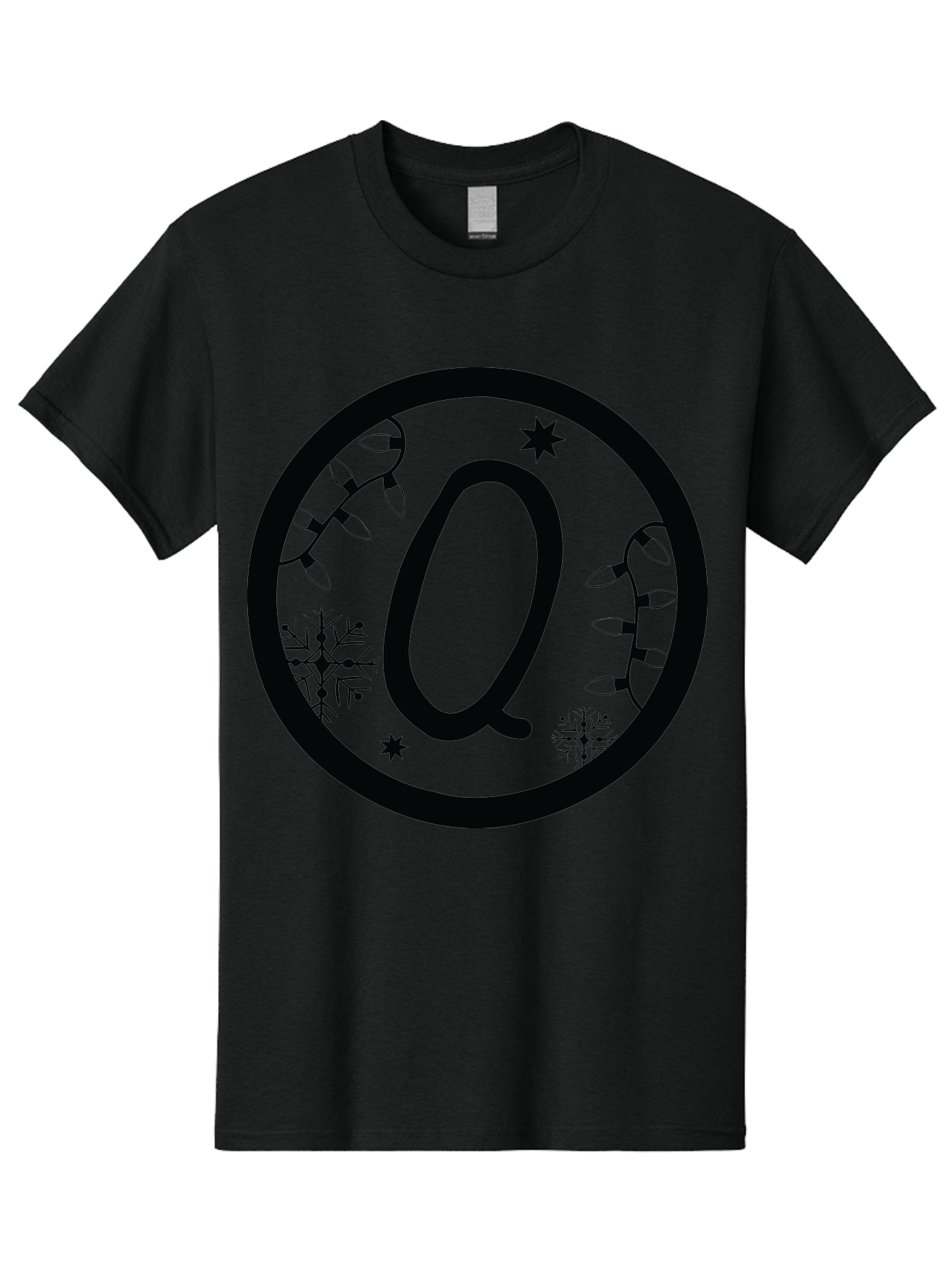 Q Men'S Graphic Tee, 100% Cotton, Comfortable Casual Summer Wear, Machine Washable, Christmas Decorations, Holiday Lights, Festive Snowflakes, Winter Wonderland, Black And Green Theme, Letter Q, Christmas Ornaments, Seasonal Design Aad111