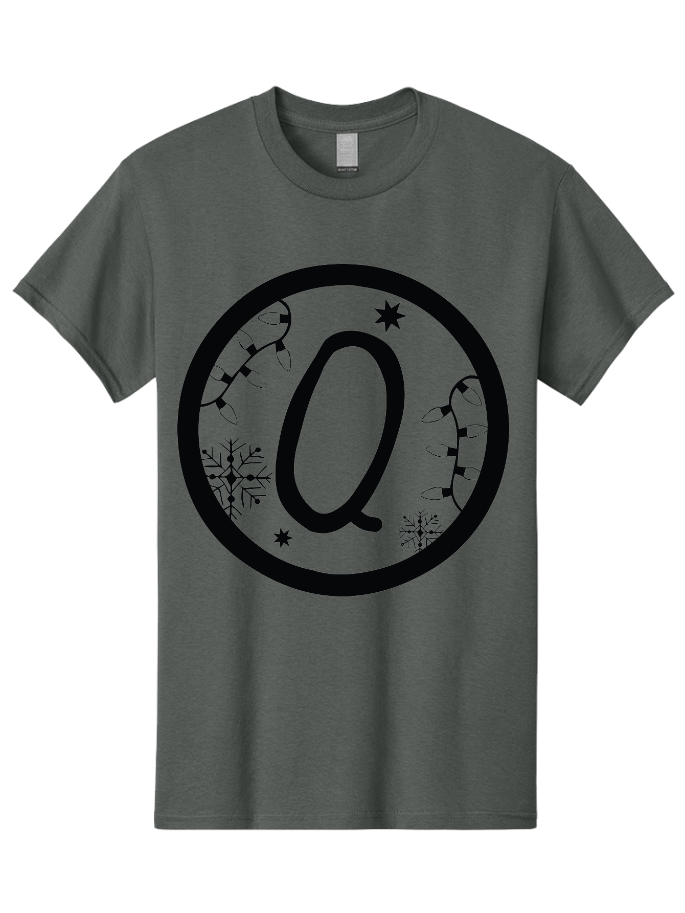 Q Men'S Graphic Tee, 100% Cotton, Comfortable Casual Summer Wear, Machine Washable, Christmas Decorations, Holiday Lights, Festive Snowflakes, Winter Wonderland, Black And Green Theme, Letter Q, Christmas Ornaments, Seasonal Design Aad111