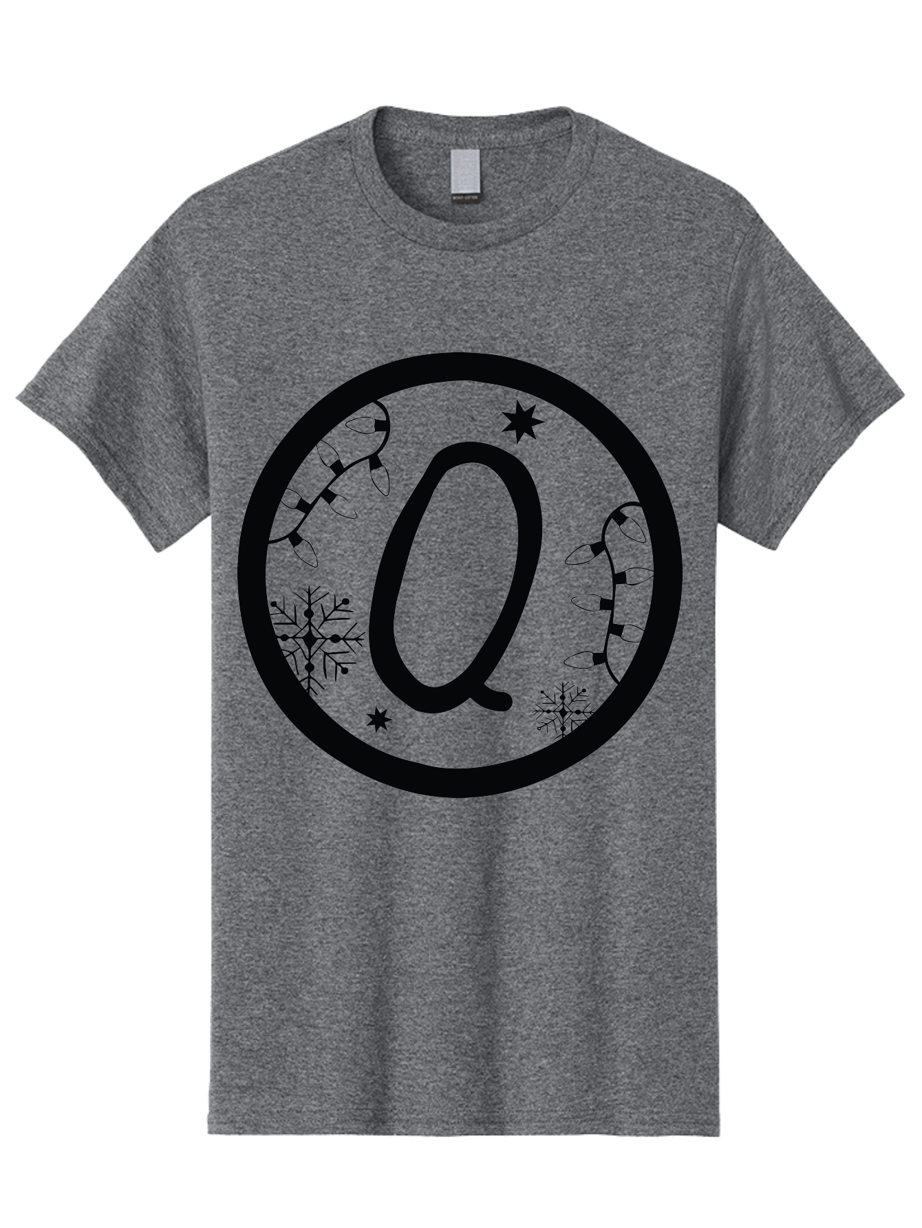 Q Men'S Graphic Tee, 100% Cotton, Comfortable Casual Summer Wear, Machine Washable, Christmas Decorations, Holiday Lights, Festive Snowflakes, Winter Wonderland, Black And Green Theme, Letter Q, Christmas Ornaments, Seasonal Design Aad111