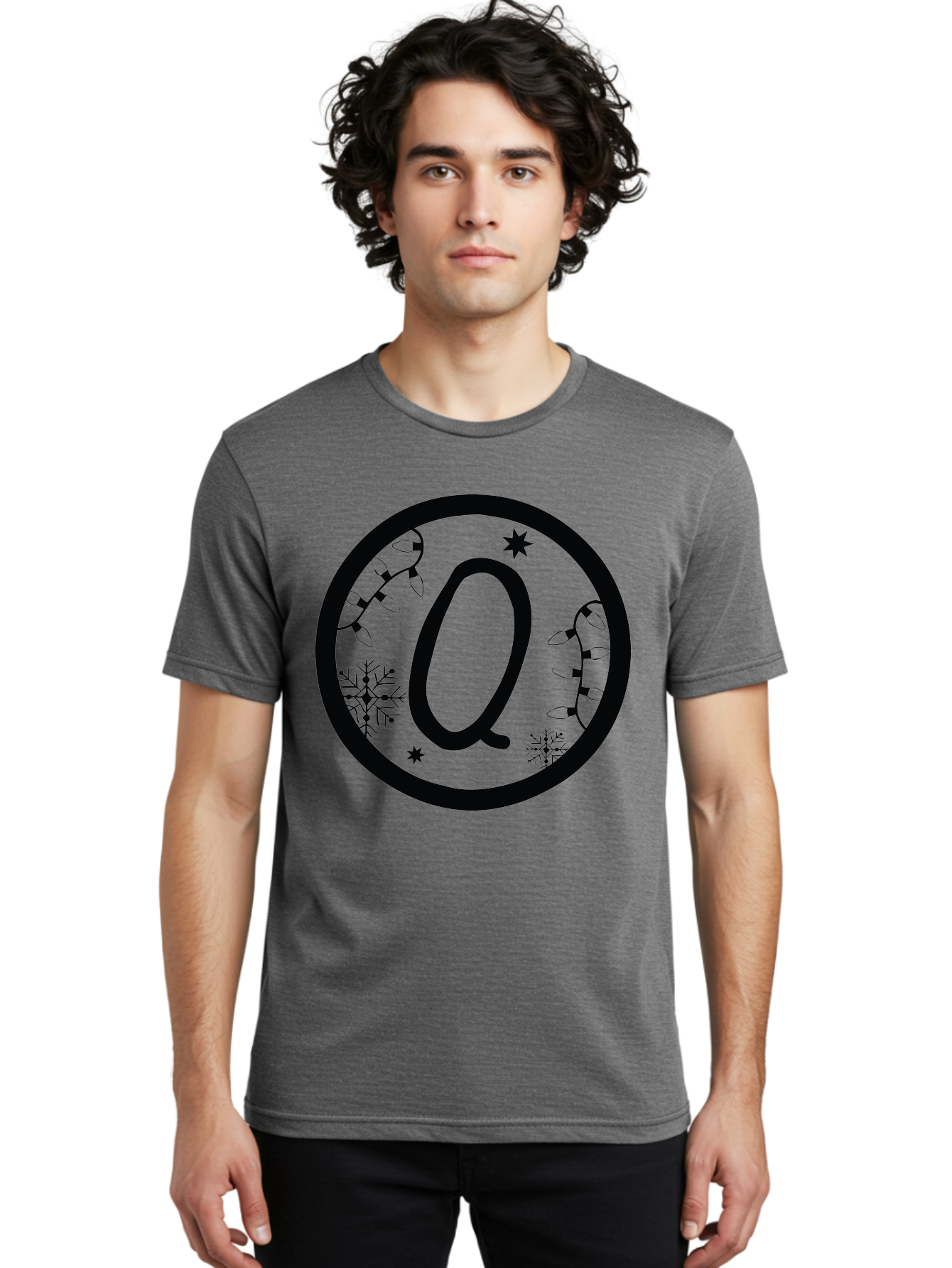 Q Men'S Graphic Tee, 100% Cotton, Comfortable Casual Summer Wear, Machine Washable, Christmas Decorations, Holiday Lights, Festive Snowflakes, Winter Wonderland, Black And Green Theme, Letter Q, Christmas Ornaments, Seasonal Design Aad111