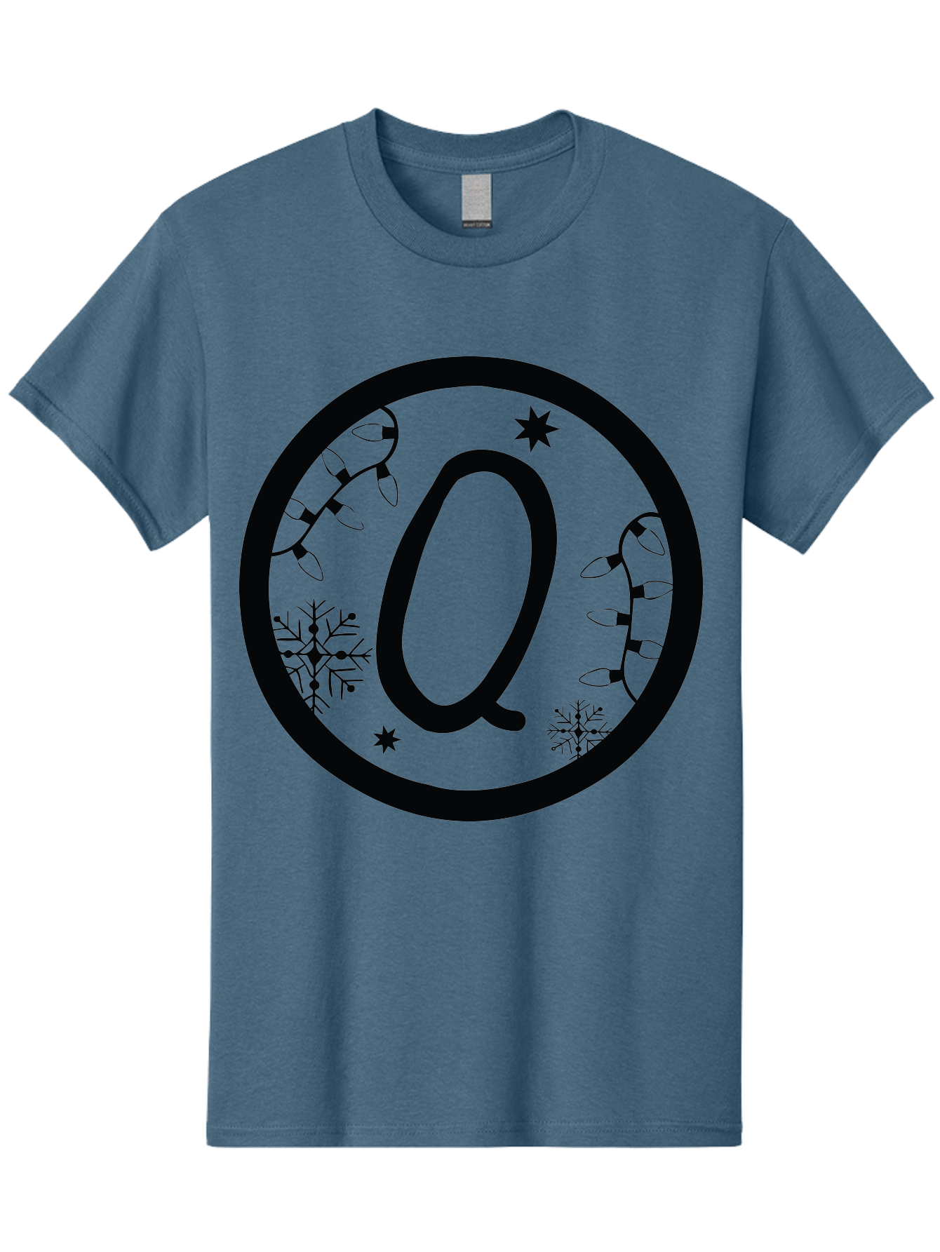Q Men'S Graphic Tee, 100% Cotton, Comfortable Casual Summer Wear, Machine Washable, Christmas Decorations, Holiday Lights, Festive Snowflakes, Winter Wonderland, Black And Green Theme, Letter Q, Christmas Ornaments, Seasonal Design Aad111