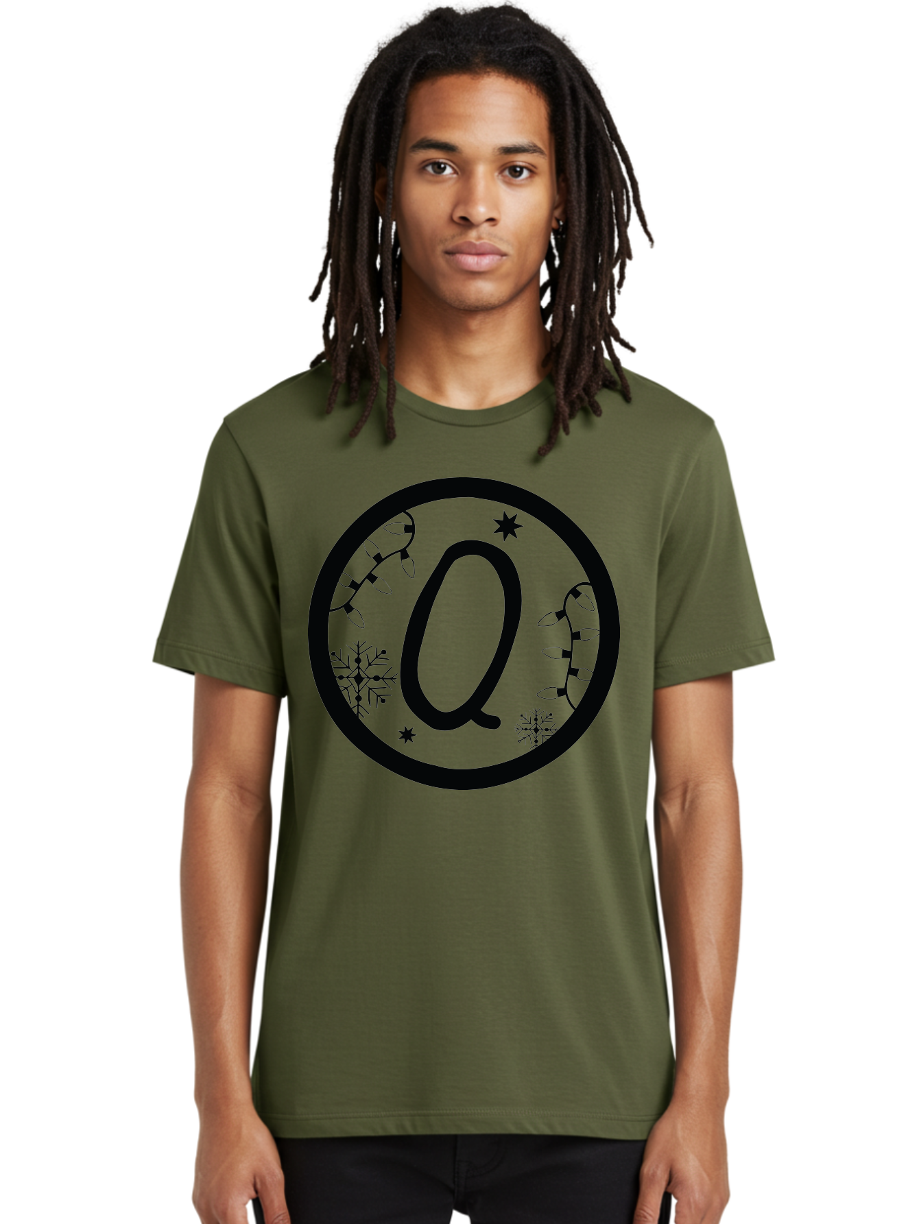 Q Men'S Graphic Tee, 100% Cotton, Comfortable Casual Summer Wear, Machine Washable, Christmas Decorations, Holiday Lights, Festive Snowflakes, Winter Wonderland, Black And Green Theme, Letter Q, Christmas Ornaments, Seasonal Design Aad111