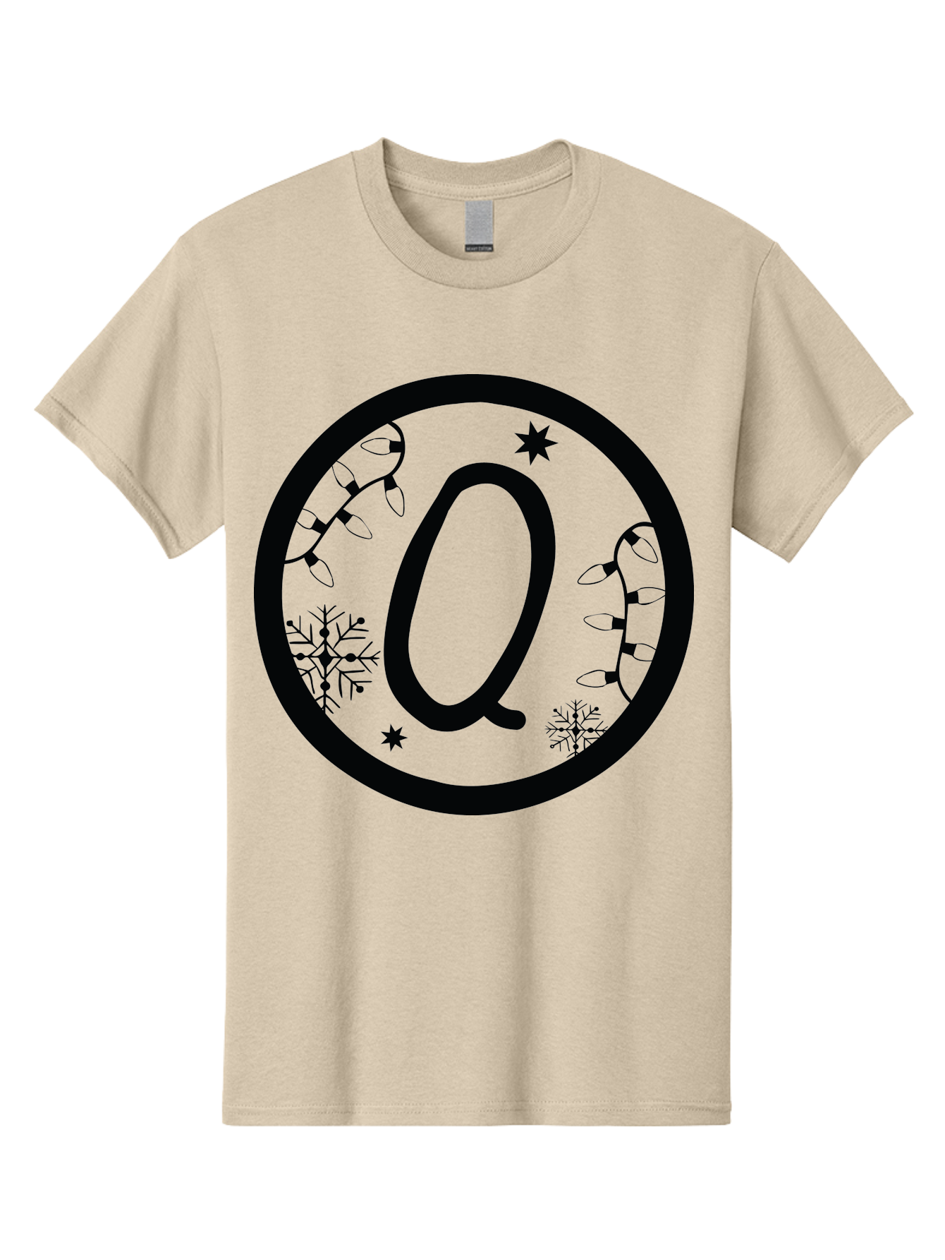 Q Men'S Graphic Tee, 100% Cotton, Comfortable Casual Summer Wear, Machine Washable, Christmas Decorations, Holiday Lights, Festive Snowflakes, Winter Wonderland, Black And Green Theme, Letter Q, Christmas Ornaments, Seasonal Design Aad111