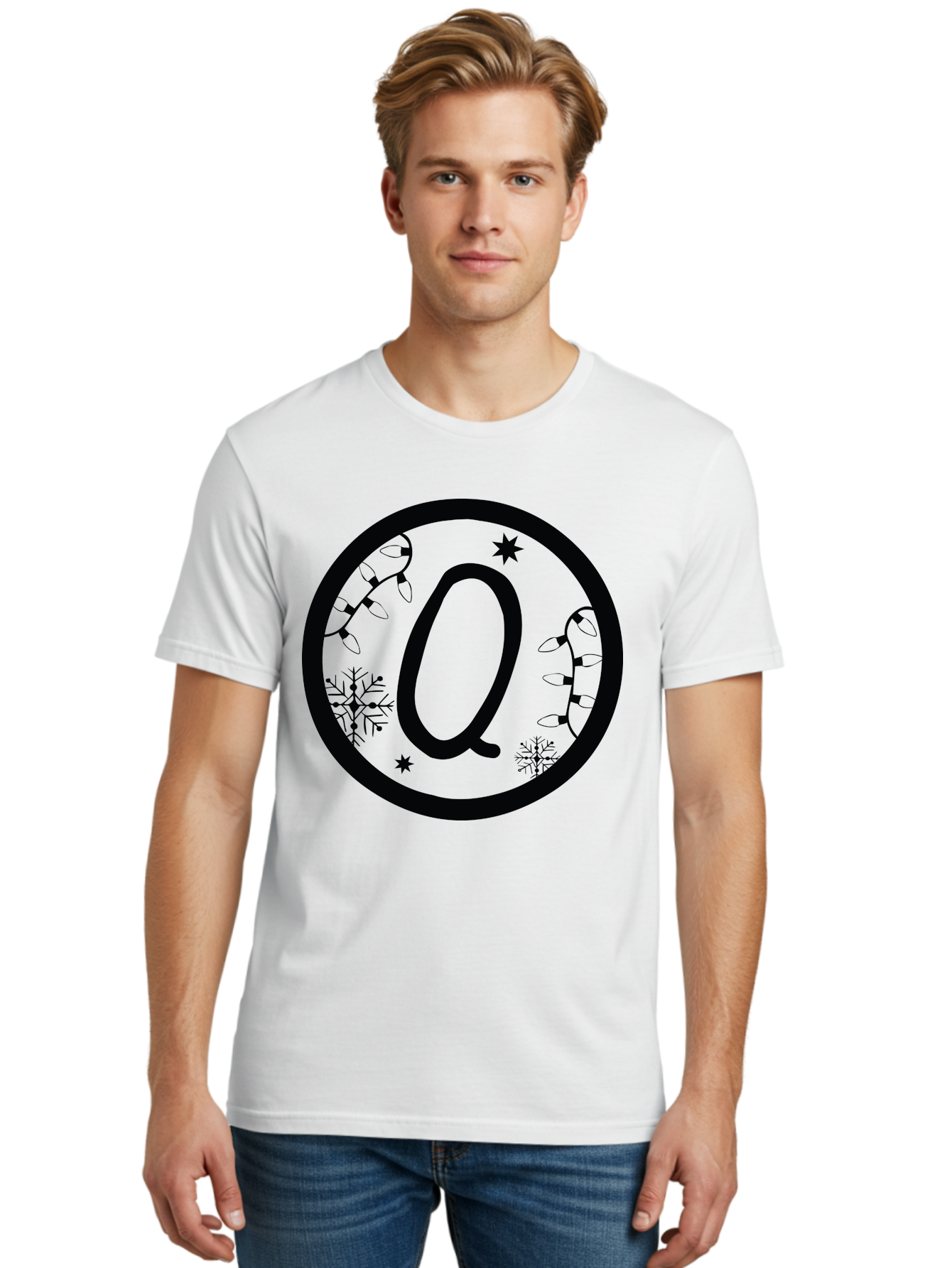 Q Men'S Graphic Tee, 100% Cotton, Comfortable Casual Summer Wear, Machine Washable, Christmas Decorations, Holiday Lights, Festive Snowflakes, Winter Wonderland, Black And Green Theme, Letter Q, Christmas Ornaments, Seasonal Design Aad111