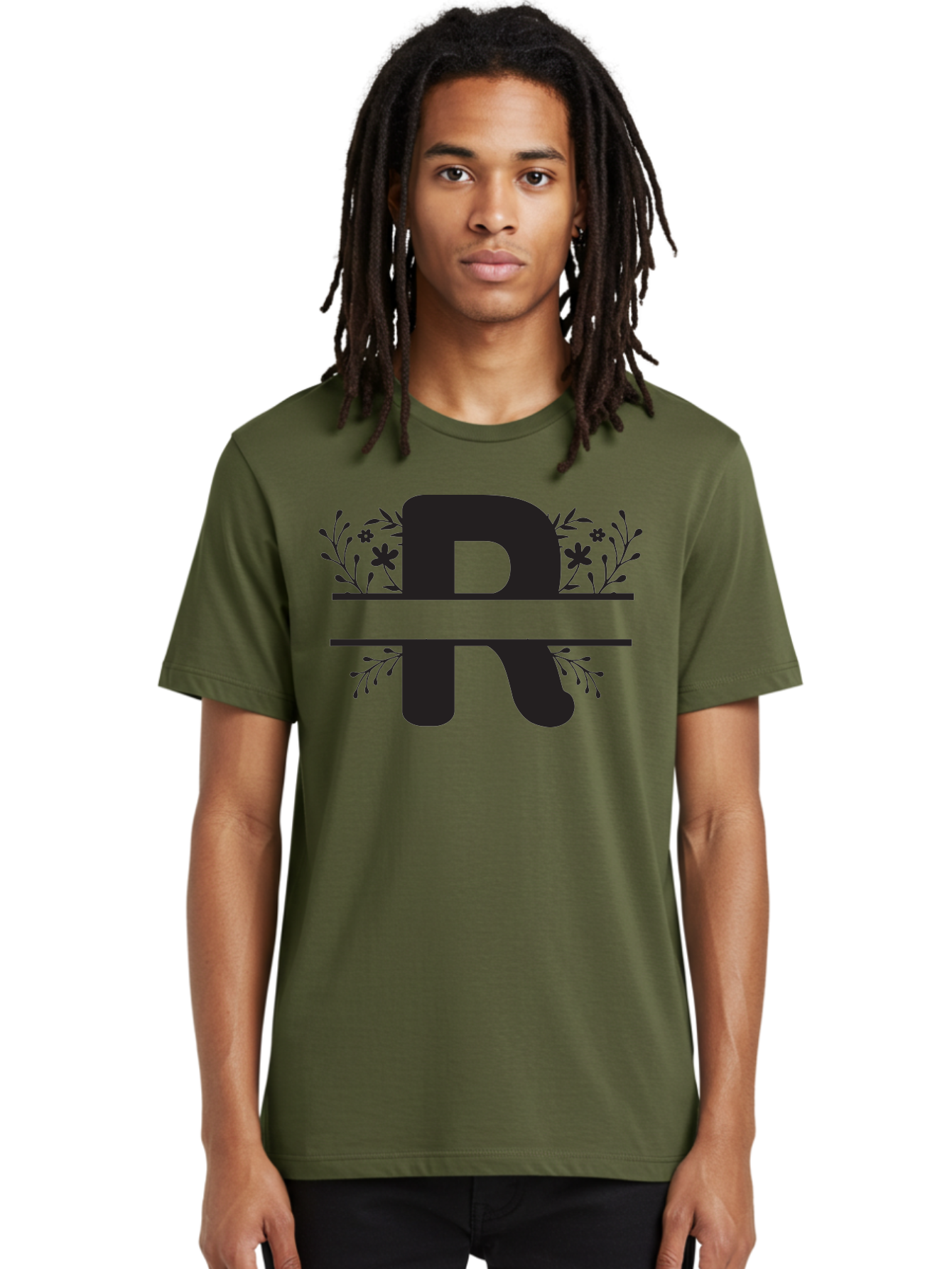 R Men'S Graphic Tee, 100% Cotton, Comfortable Casual Summer Wear, Machine Washable, Stylized Letter R, Floral Design, Black Lettering, Decorative Elements, Flowers And Leaves, Elegant Typography, Sophisticated Graphics Aad112