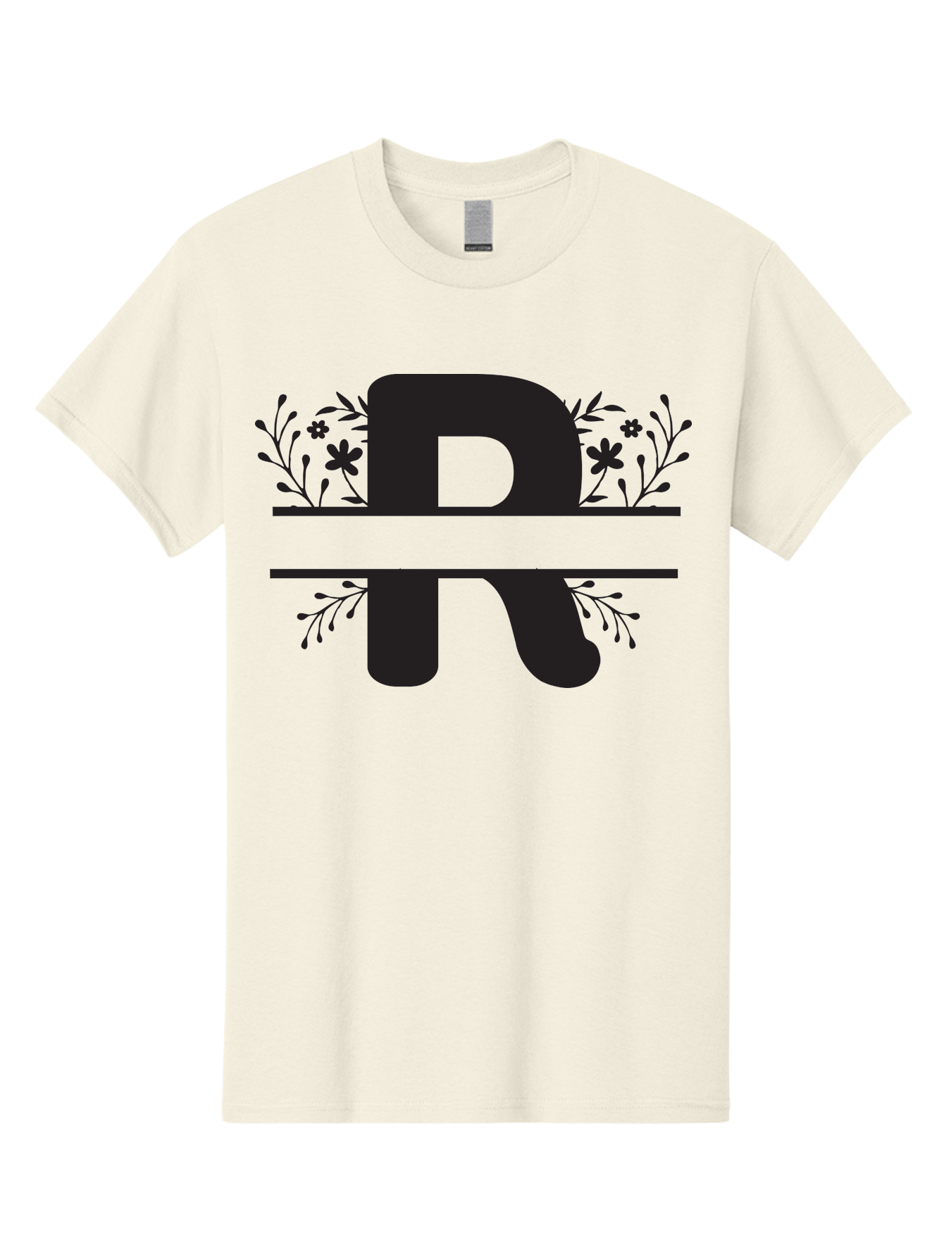 R Men'S Graphic Tee, 100% Cotton, Comfortable Casual Summer Wear, Machine Washable, Stylized Letter R, Floral Design, Black Lettering, Decorative Elements, Flowers And Leaves, Elegant Typography, Sophisticated Graphics Aad112