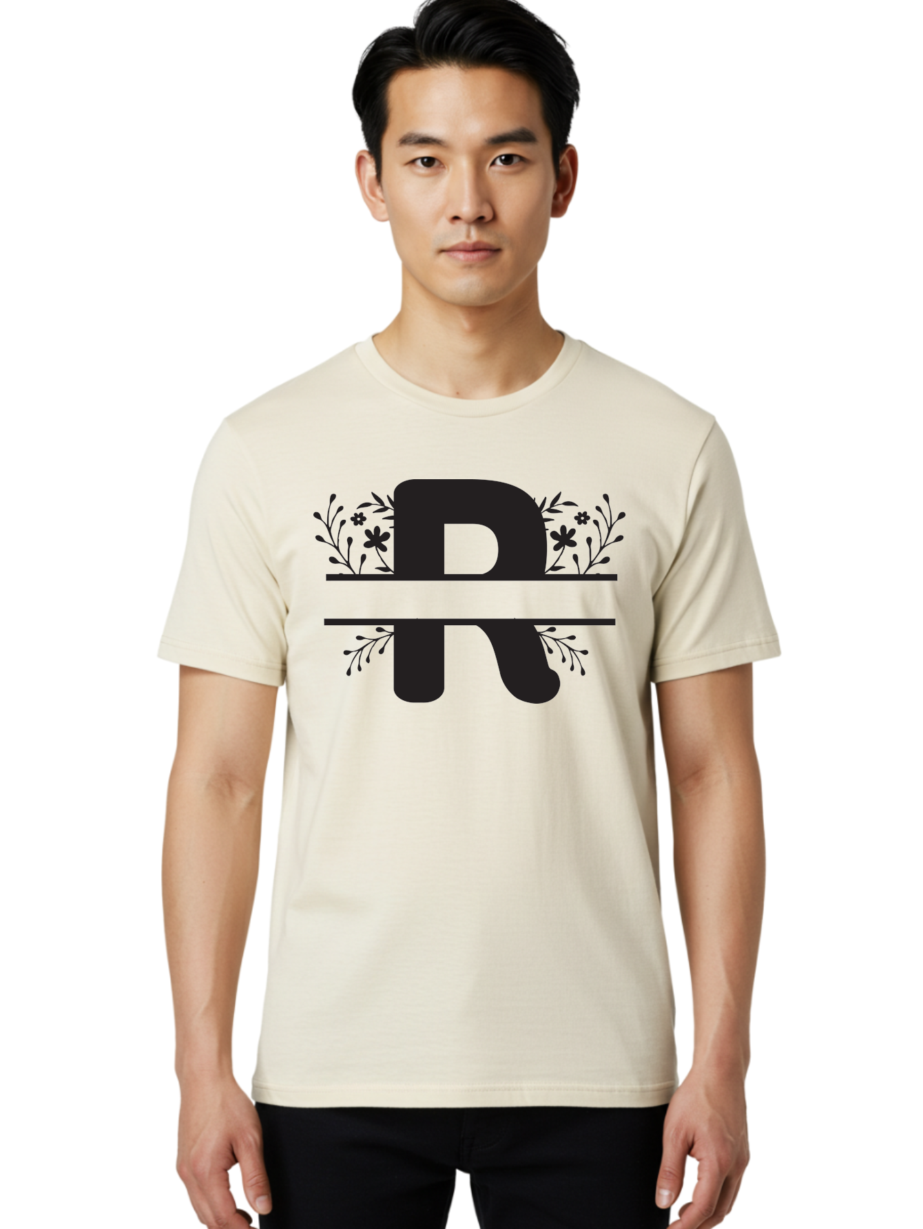 R Men'S Graphic Tee, 100% Cotton, Comfortable Casual Summer Wear, Machine Washable, Stylized Letter R, Floral Design, Black Lettering, Decorative Elements, Flowers And Leaves, Elegant Typography, Sophisticated Graphics Aad112