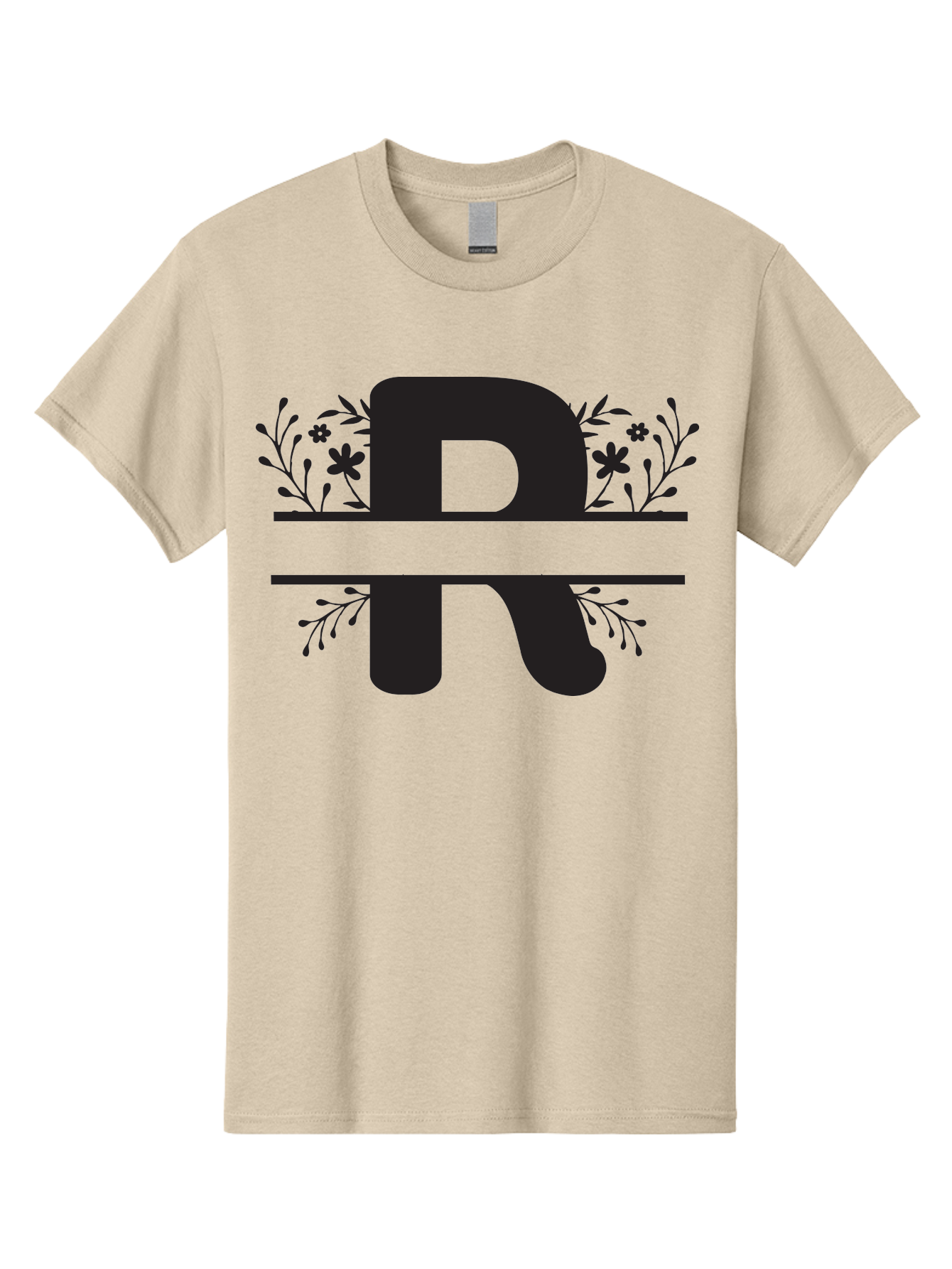 R Men'S Graphic Tee, 100% Cotton, Comfortable Casual Summer Wear, Machine Washable, Stylized Letter R, Floral Design, Black Lettering, Decorative Elements, Flowers And Leaves, Elegant Typography, Sophisticated Graphics Aad112